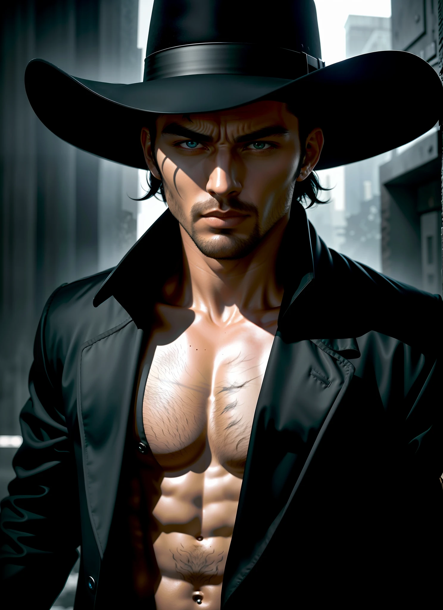 style, half-body photo, strong cowboy god, smooth skin, beautiful, lush background, sad, elegant black long coat, detailed eyes, looking at camera, male, atmospheric lighting, 4k UHD, dark vibrations, hyper detailed, vibrant colors, epic composition, sharp focus