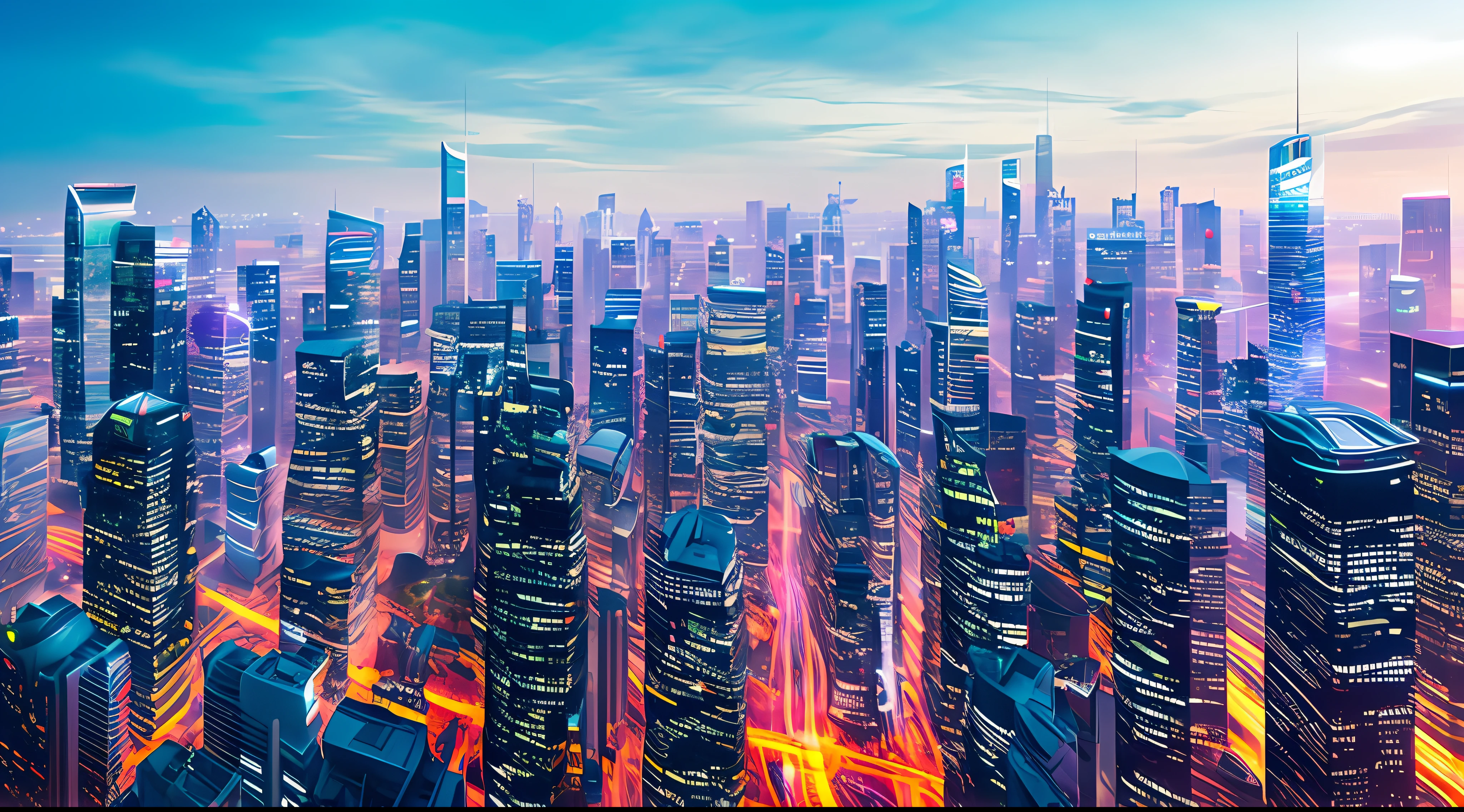 Style: Concept art. The scene: Futuristic cityscapes with towering skyscrapers and sleek aerodynamic vehicles speeding through the air. High-resolution OLED GUI interfaces in the building's windows are filled with transparent data visualization infographics showing everything from weather patterns to traffic flow. Colors are saturated and vibrant, with warm pinks and purples dominating the skyline. The overall effect is both beautiful and awe-inspiring.