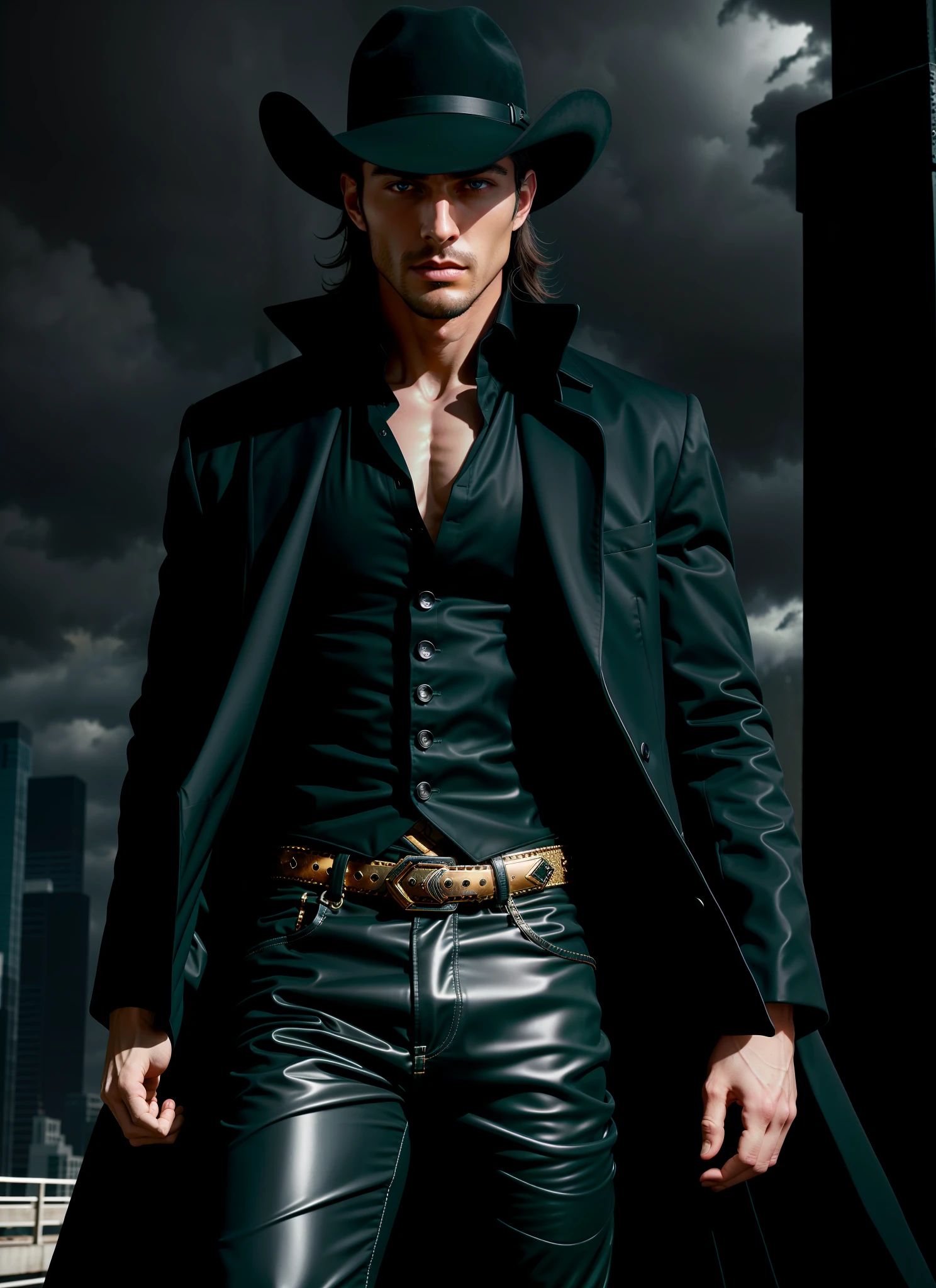 style, half-body photo, strong cowboy god, smooth skin, beautiful, lush background, sad, elegant black long coat, detailed eyes, looking at camera, male, atmospheric lighting, 4k UHD, dark vibrations, hyper detailed, vibrant colors, epic composition, sharp focus