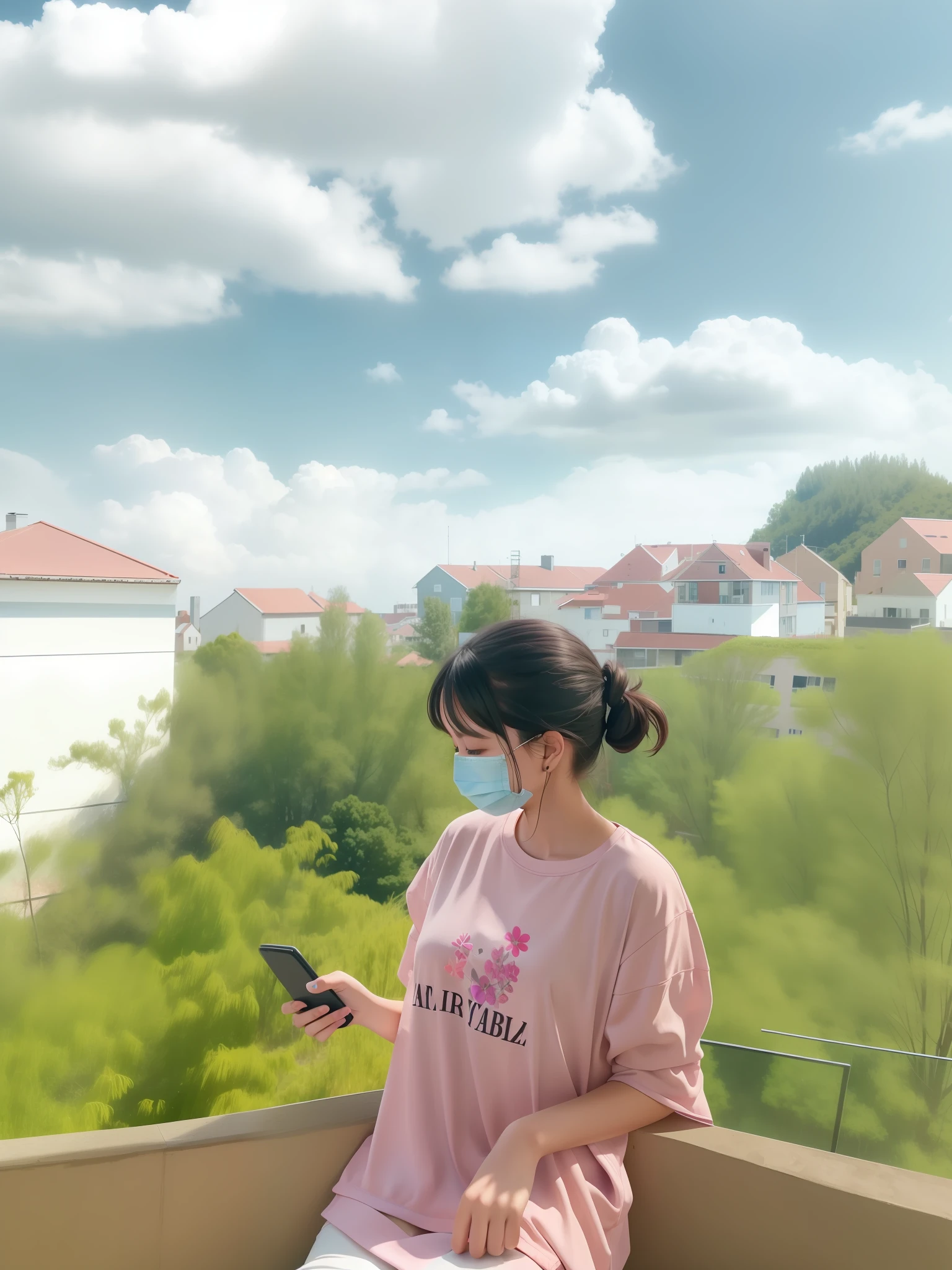 there is a woman sitting on a balcony looking at her cell phone, panoramic view of girl, on rooftop, on a sunny day, on a bright day, on a cloudy day, in a rooftop, lofi girl aesthetic, with vibrant sky, lofi girl, with a figure in the background, amidst nature, an aesthetic!, photo on iphone, which  Surgical mask