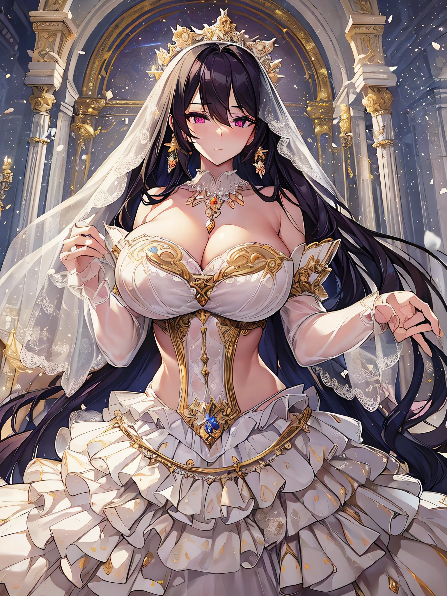 ((anime artstyle)),(Masterpiece), (Best Quality), (Super Detail), Illustration, (((Very Delicate and Beautiful))),Dynamic Angle,Looking at viewer,((((Solo)))),(((Full body))),(((1 arrogant empress in See-through white wedding dress having a wedding ceremony in a royal palace))),(standing),(((embarrassed))),anguish,Purple eyes,(Sharp eyes),Detailed Face, Long Eyelashes,Jet Black Hair,Straight Hair,((Very Long Hair)),Bangs between eyes,((((gigantic breasts)))),cleavage,((skindentation)),curvy,off shoulder,See-through,(((fusion of See-through white wedding dress and white rococo ball gown))),(fluffy See-through rococo white wedding ball gown with gorgeous embroidery),(((hoop skirt))),long skirt,corset,crinoline,long bridal veil,ultra long gloves,Beautifully Gorgeous jeweled big tiara,Beautifully Gorgeous gem earrings,Beautifully Gorgeous jeweled necklace,Beautifully Gorgeous jeweled ornaments,indoor,white lily flowers, flower petals flowing,Stained glass,light particles,Sacred Light