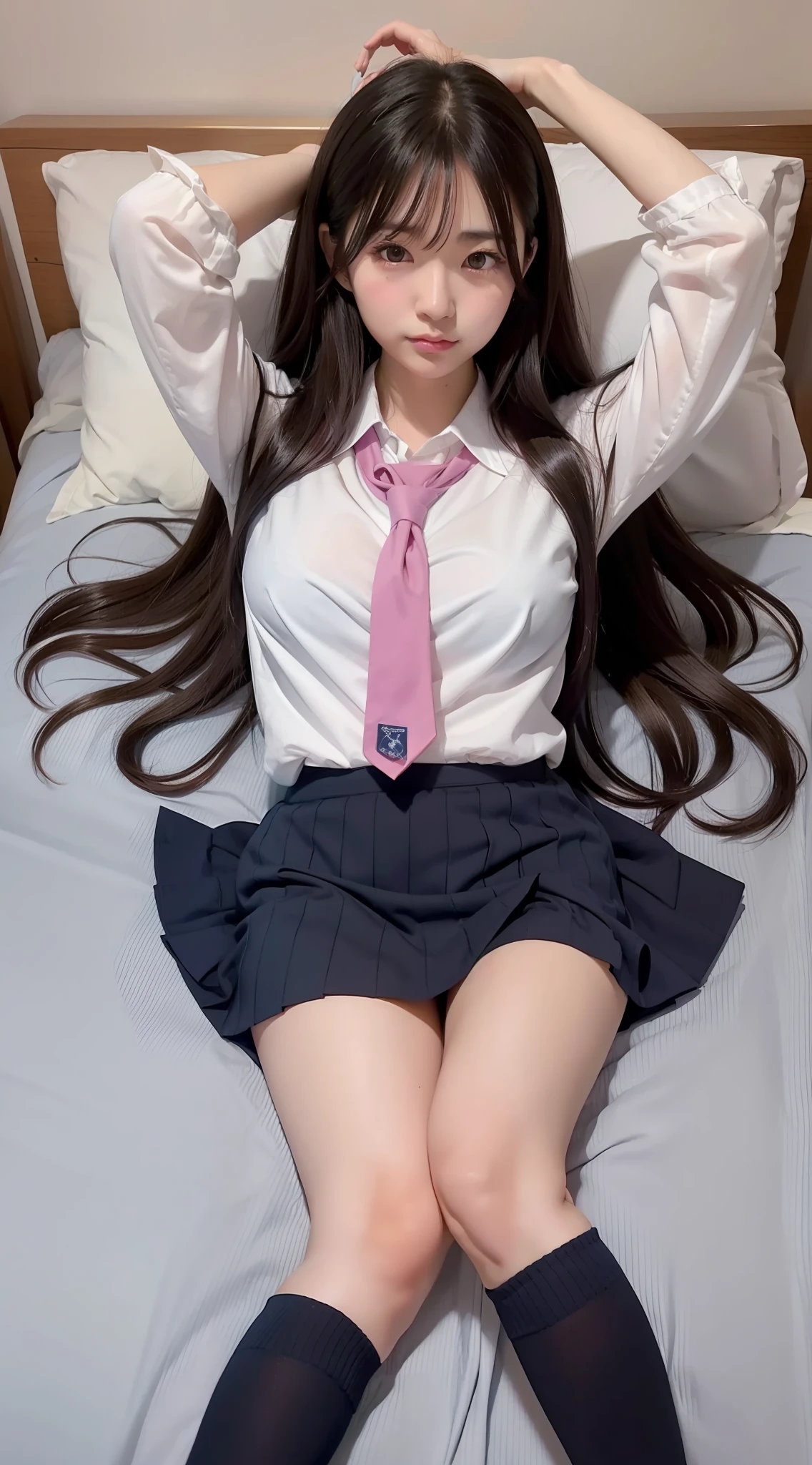 Japan girl, girl in her twenties, wavy little long hair, black hair, brown eyes, perfect figure, transparency, luster, luster, modest breasts, school uniform, navy blue tie, navy blue skirt, light blue shirt, pink panties, gravure idol, lying in bed, open legs, upright