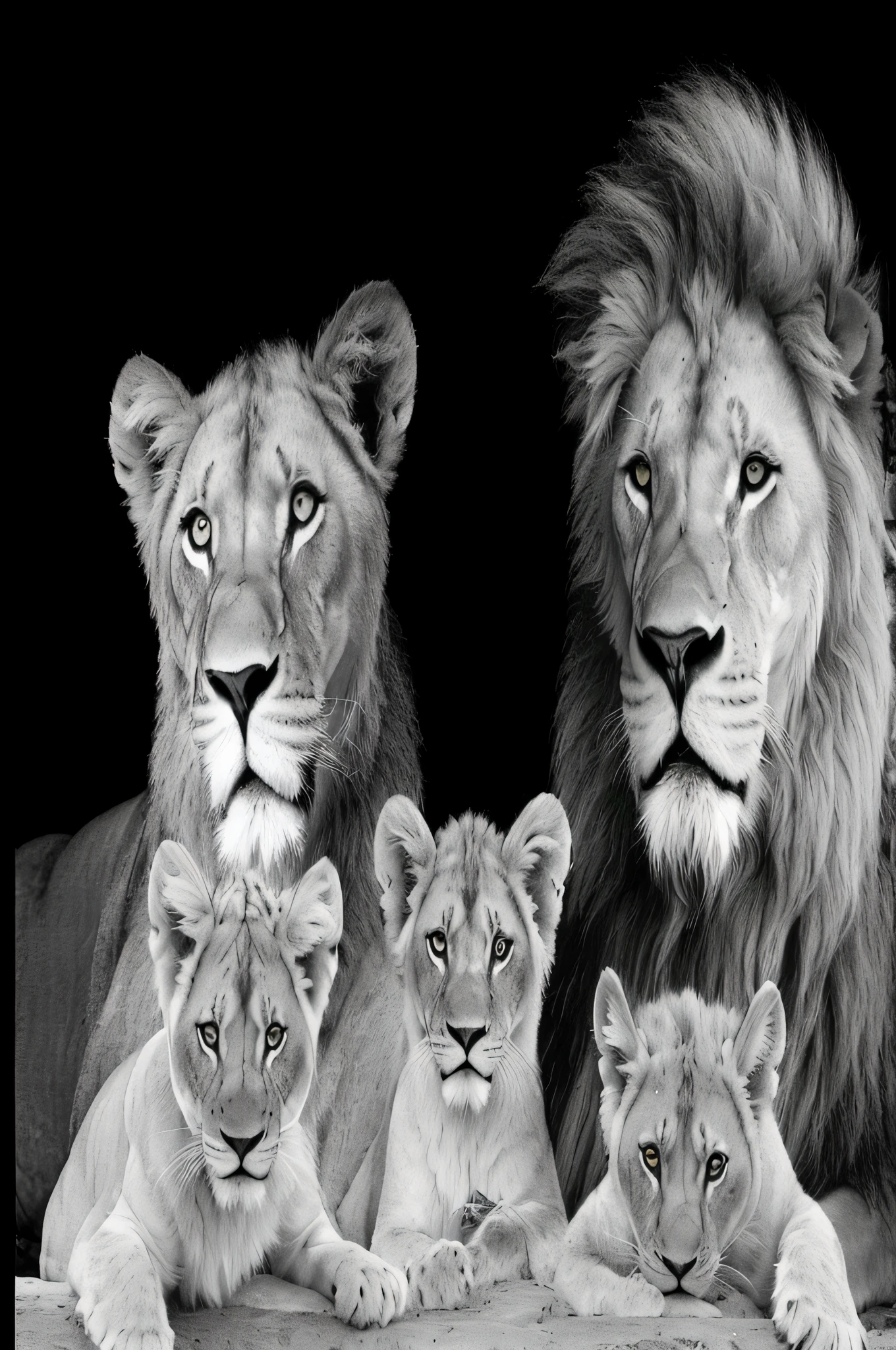 araffes of a lion and a lioness are sitting together, lions, family portrait, proud looking, by Mirabello Cavalori, proud look, family photo, serious faces, by Teresa Fasolino, by Bernard D’Andrea, all looking at camera, by Micha Klein, prideful look, lonely family, by Willy Bo Richardson, happy family