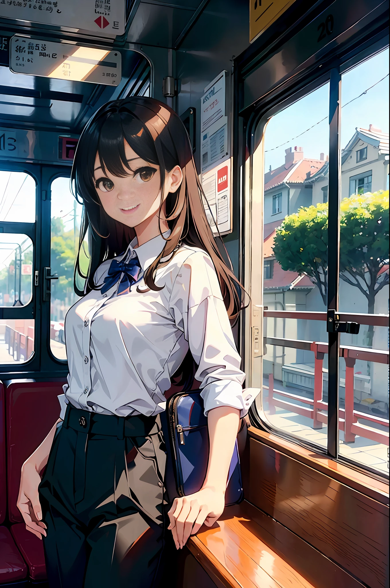 (A masterpiece、the highest quality:1.2)、Super Detailed、cinematic lighting、FPS、Beautiful girl standing in front of tram、Chinchin Train、passenger car、tram、Stay、timetable、Ticket、Brown long hair、From the Side、Sunlight、Slim body、Dowel dowel trousers、white blouse、porch、Beautiful smile、Beautiful girl with full body、clean detailed faces、simple clothes、glowing shadows、