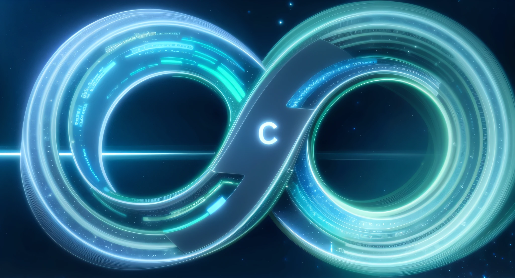 The two C ideas are connected into an infinity symbol, and the two C-shaped shapes can be clearly seen, and the blue-green particle effect is astigmatized and rendered --auto --s2