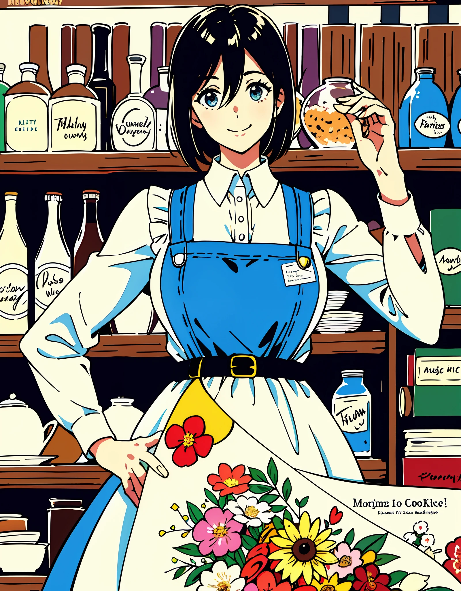 (Best Quality, Masterpiece), Front cover of a women's cooking magazine, 1girl, 30 years old, stunning, cute, heartwarming smile, hourglass figure, wearing floral dress, pinny apron, beautiful food, text, diagrams, advertisements, magazine title ,mikasa Ackerman