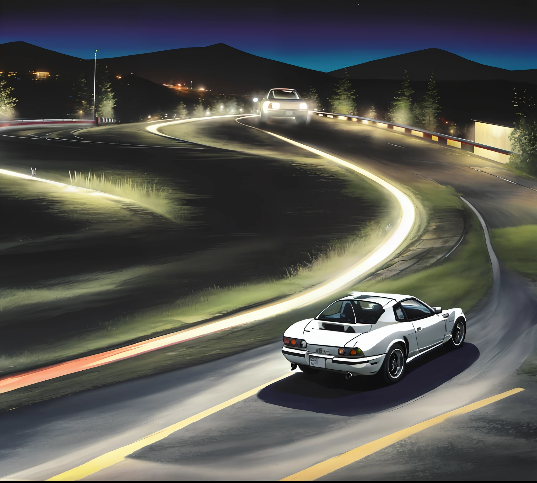 Mazda rx7 inital d, driving down a mountain slope at night with the city as a backdrop