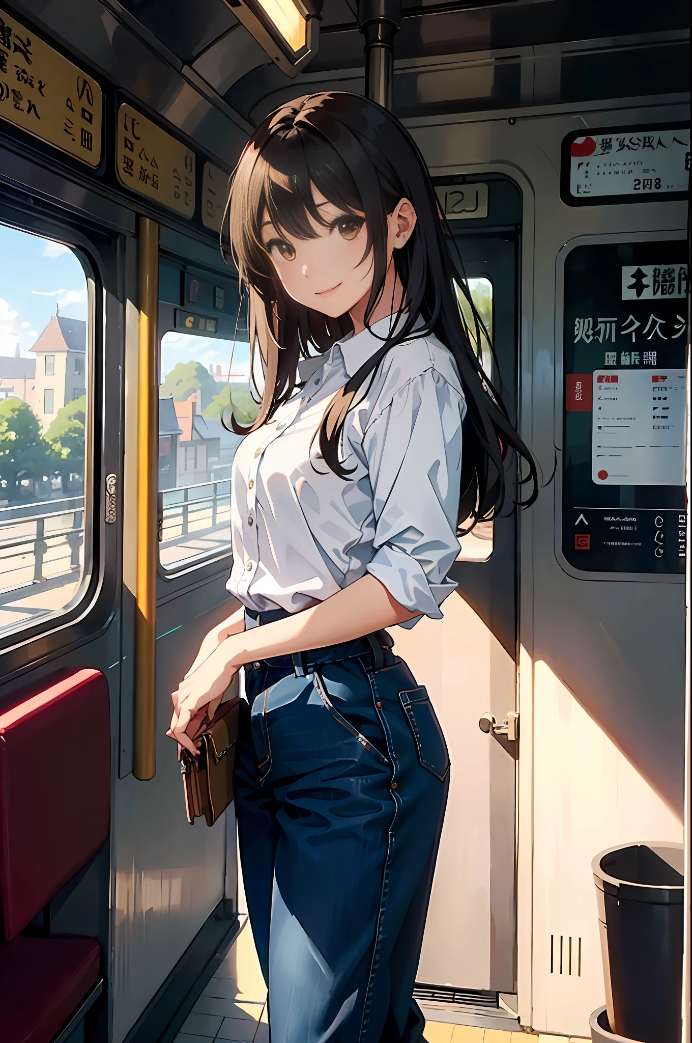 (A masterpiece、the highest quality:1.2)、Super Detailed、cinematic lighting、FPS、Beautiful girl standing in front of tram、Chinchin Train、passenger car、tram、Stay、timetable、Ticket、Brown long hair、From the Side、Sunlight、Slim body、Dowel dowel trousers、white blouse、porch、Beautiful smile、Beautiful girl with full body、clean detailed faces、simple clothes、glowing shadows、