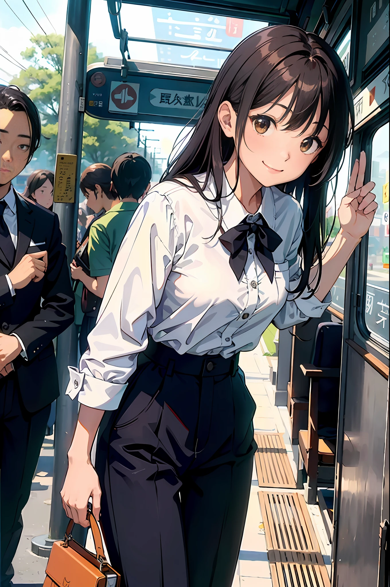 (A masterpiece、the highest quality:1.2)、Super Detailed、cinematic lighting、FPS、Beautiful girl standing in front of tram、Chinchin Train、passenger car、tram、Stay、timetable、Ticket、Brown long hair、From the Side、Sunlight、Slim body、Dowel dowel trousers、white blouse、porch、Beautiful smile、Beautiful girl with full body、clean detailed faces、simple clothes、glowing shadows、