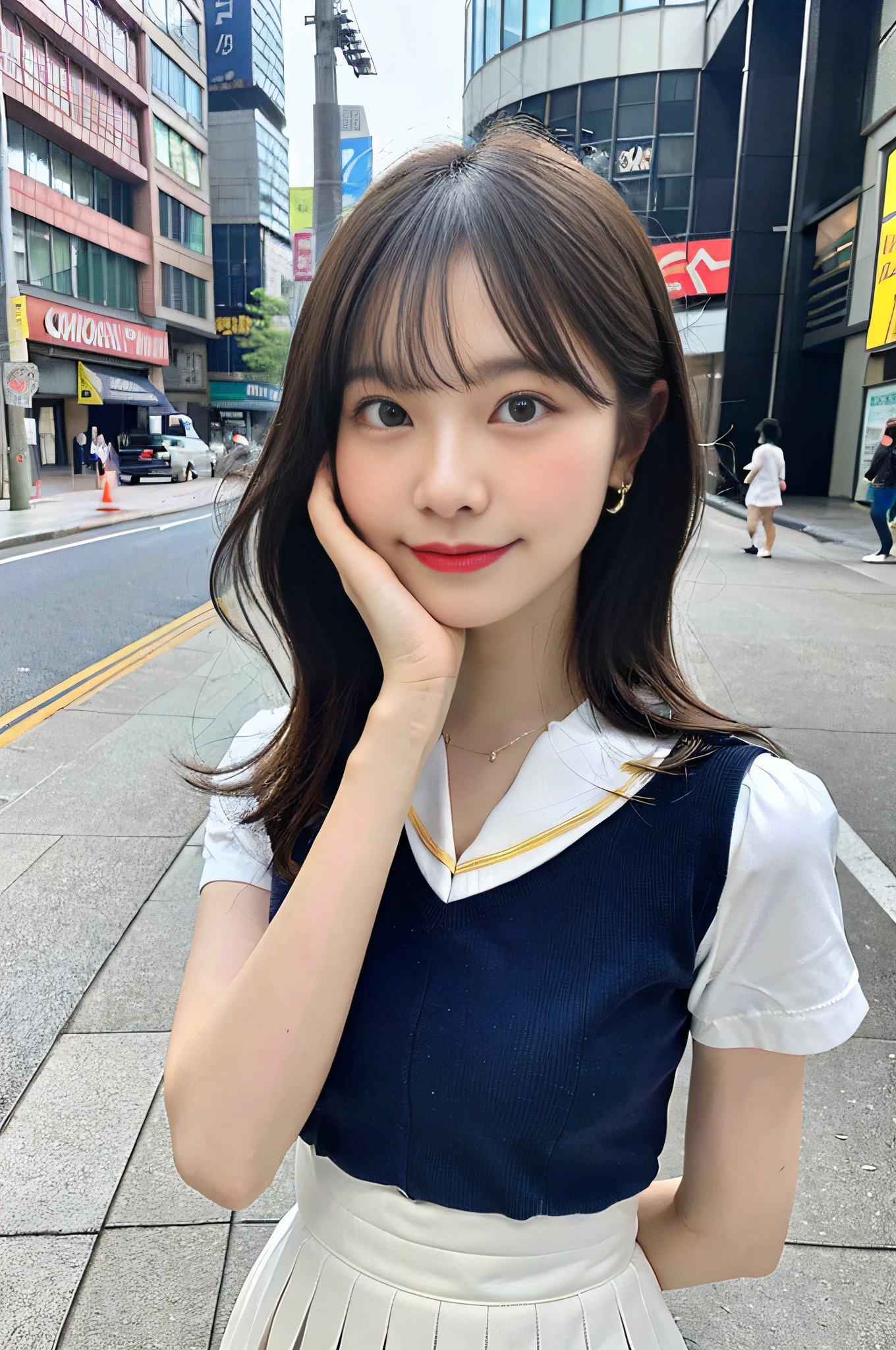 Ultra top quality, masterpiece, ultra high resolution, (photorealistic: 1.4), highly detailed CG Unity 8k wallpaper, detailed and complex, original, high resolution, raw photo, (perfect body shape), fine and complex, DSLR, soft lighting, high quality, film grain, depth of field, FUJIFILM XT3, 50mm lens, backlight, HDR, hyperreal, color grade, dynamic pose, portrait, Japan person, smile, lips, bangs, (crowded akihabara: 1.2), front view viewer, natural light, girl, 20 years old, full body, solo, student, high school, uniform, sailor color, bobby socks, pleated skirt, daytime, on the street, deep shadow, cute, beauty, discreet, cold light 12000K\\ street, store status, Akihabara, Shinjuku, Shibuya, Ikebukuro, detailed realistic, detail, skin texture, ultra detailed, realistic skin texture, (dramatic, award-winning photos, incredible masterpieces: 1.3)