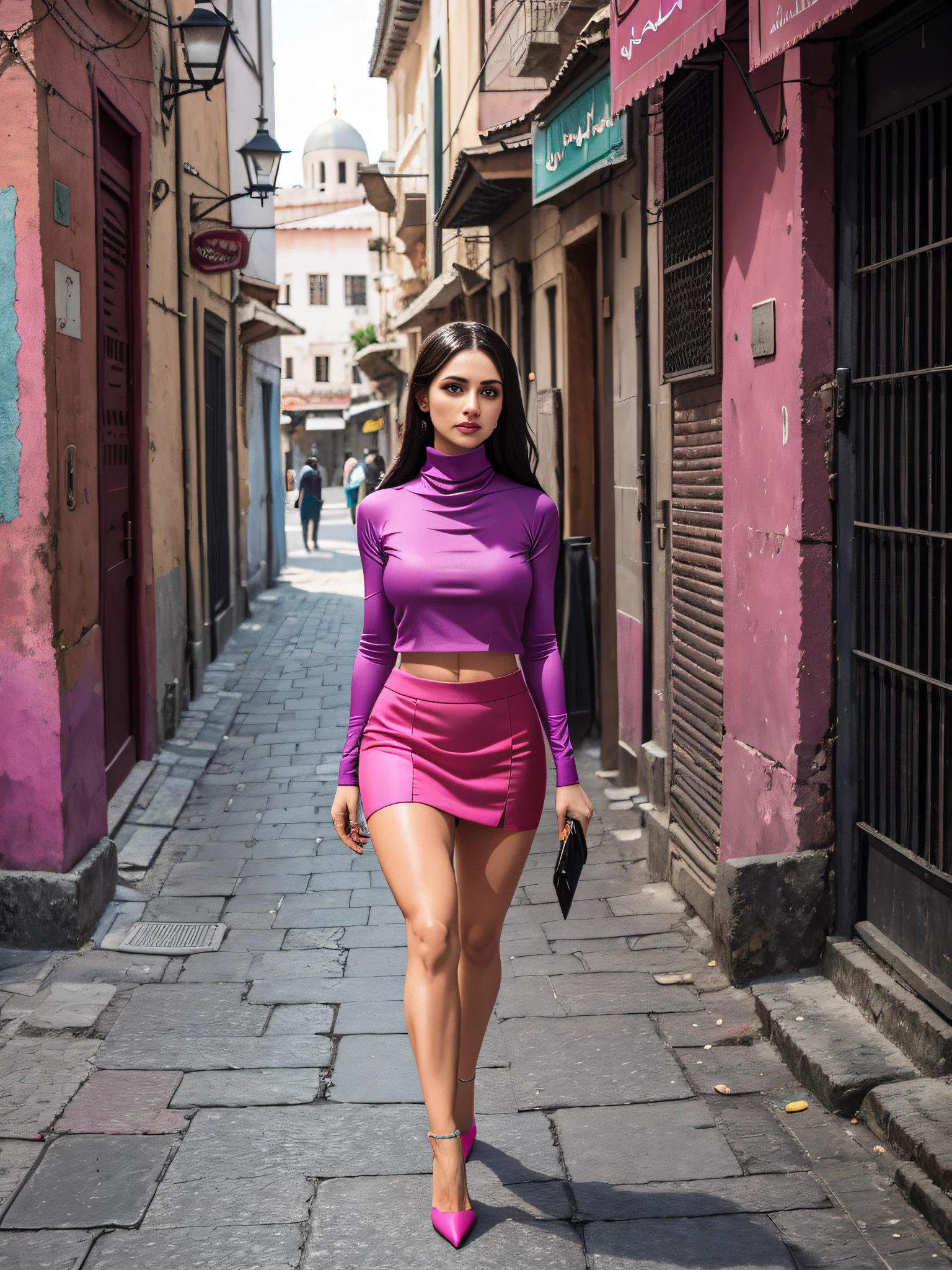 (full body shot) ultra realistic (solo Arabic woman)1.9 ((turtleneck) (mini skirt)), (high stockings), (stiletto pumps), (big breasts)1.2, (full body), (standing legs parted)1.1, (vivid color, pastel color)1.4, (silk cotton transparent fabric)1.3, ((muscular calf) legs), (ultrarealistic skin), full body, photorealistic, natural light, sharp focus,  (old city) background,[pink|red|green|mauve|purple|yellow|orange|maroon|cyan|blue:0.10], solo