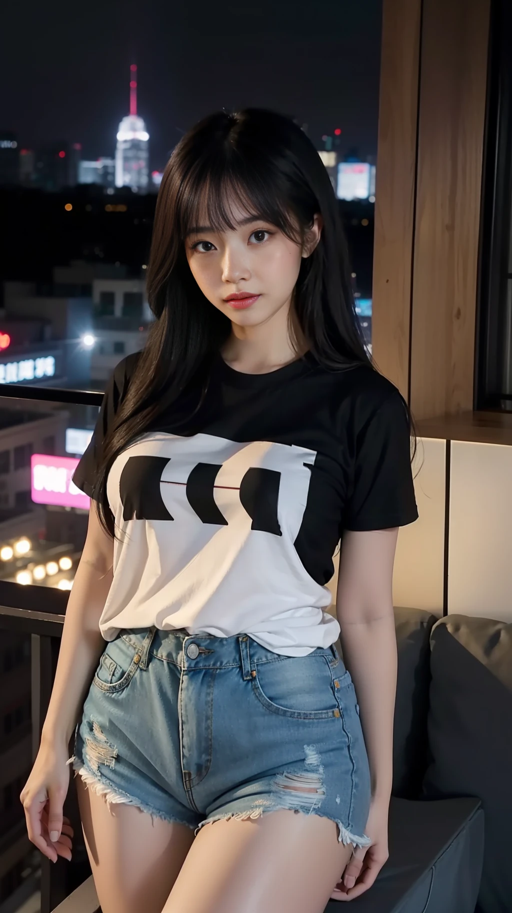 A Chinese woman on the rooftop of a tall building at night, fluffy hair, delicate face, bright, real girl, large aperture, slim, wearing denim shorts, black stockings, loose T-shirt, letter T-shirt, cartoon T-shirt, close-up shot, plump, slightly fat,
