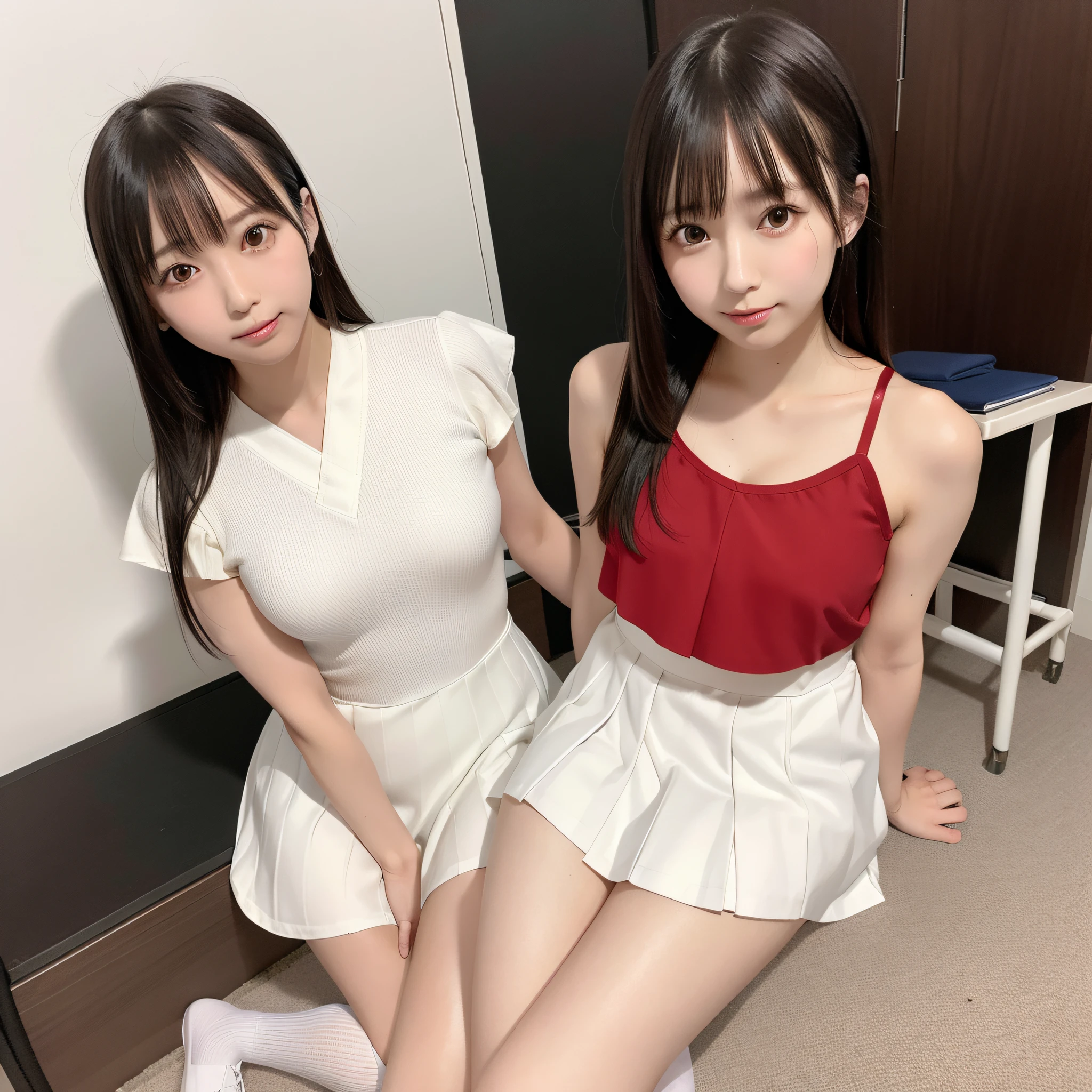 Araffe half crouched, white pleated skirt dress, menstrual cramps, intense menstrual discharge staining thigh and panties with blood, leg half open, Japanese model, handsome student, handsome face with arms and legs, hyperrealistic student