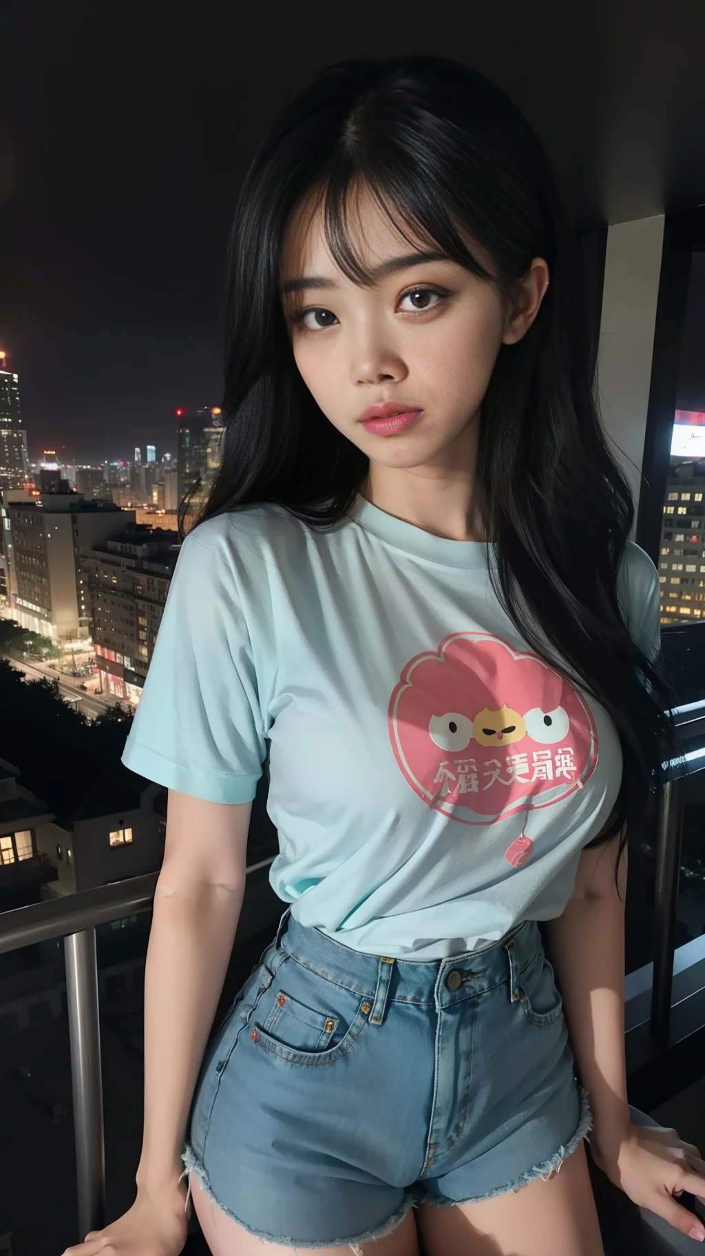 A Chinese woman on the rooftop of a tall building at night, fluffy hair, delicate face, bright, real girl, large aperture, slim, wearing denim shorts, black stockings, loose T-shirt, letter T-shirt, cartoon T-shirt, close-up shot, plump, slightly fat,