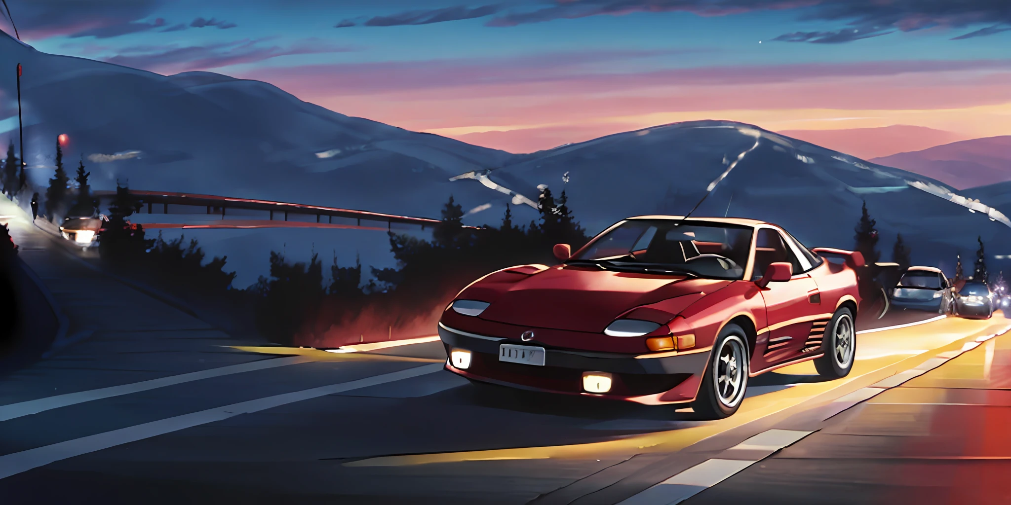 Mazda rx7 from inital d, driving down a mountain slope, at night with the city as a backdrop