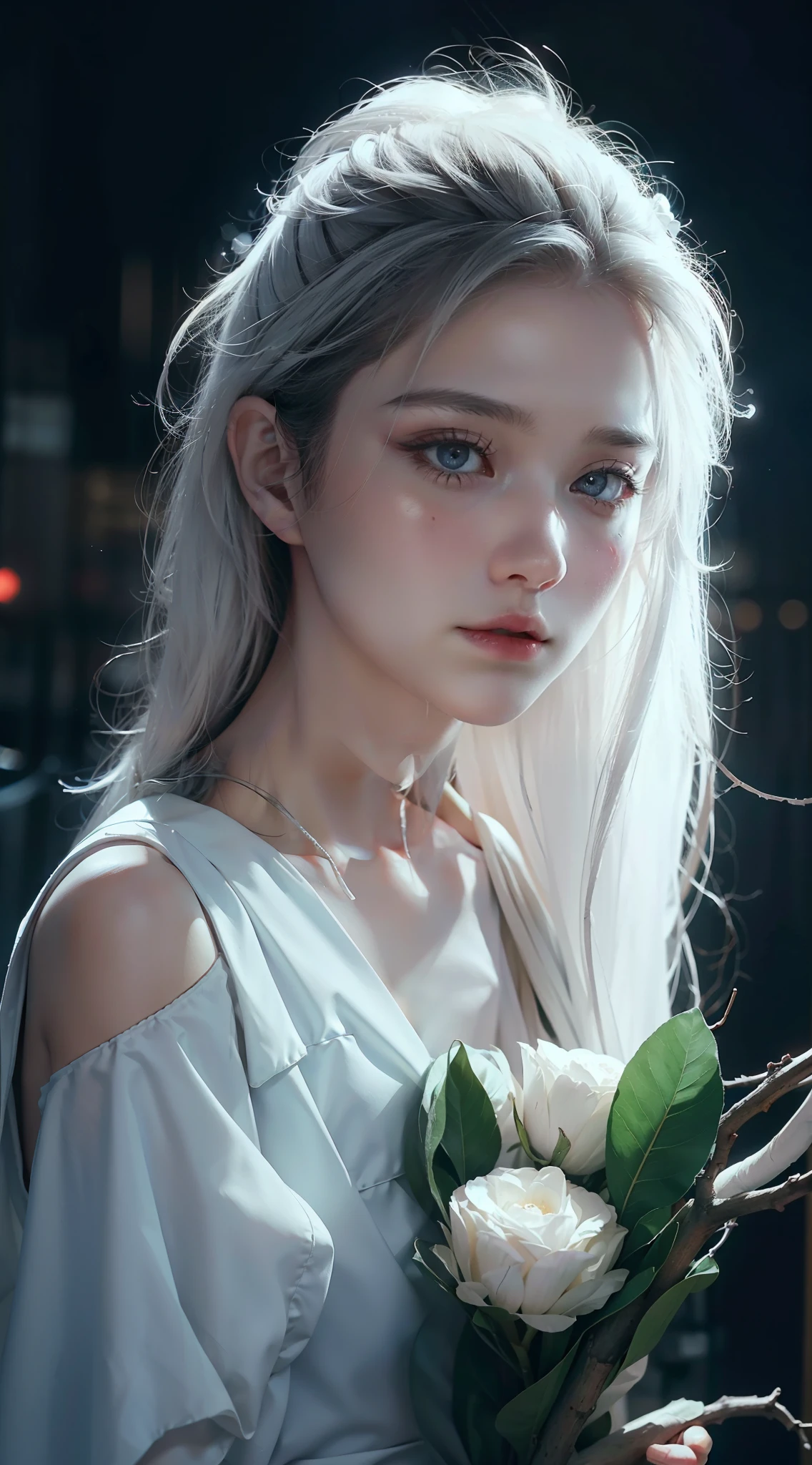 Silent night, an incomplete string of moons, a withered branch, a lonely swan; A bleak heart, a desperate man, dystopian future, delicate eyes, short messy white hair, theme loneliness ((best quality, 8k, masterpiece: 1.3))