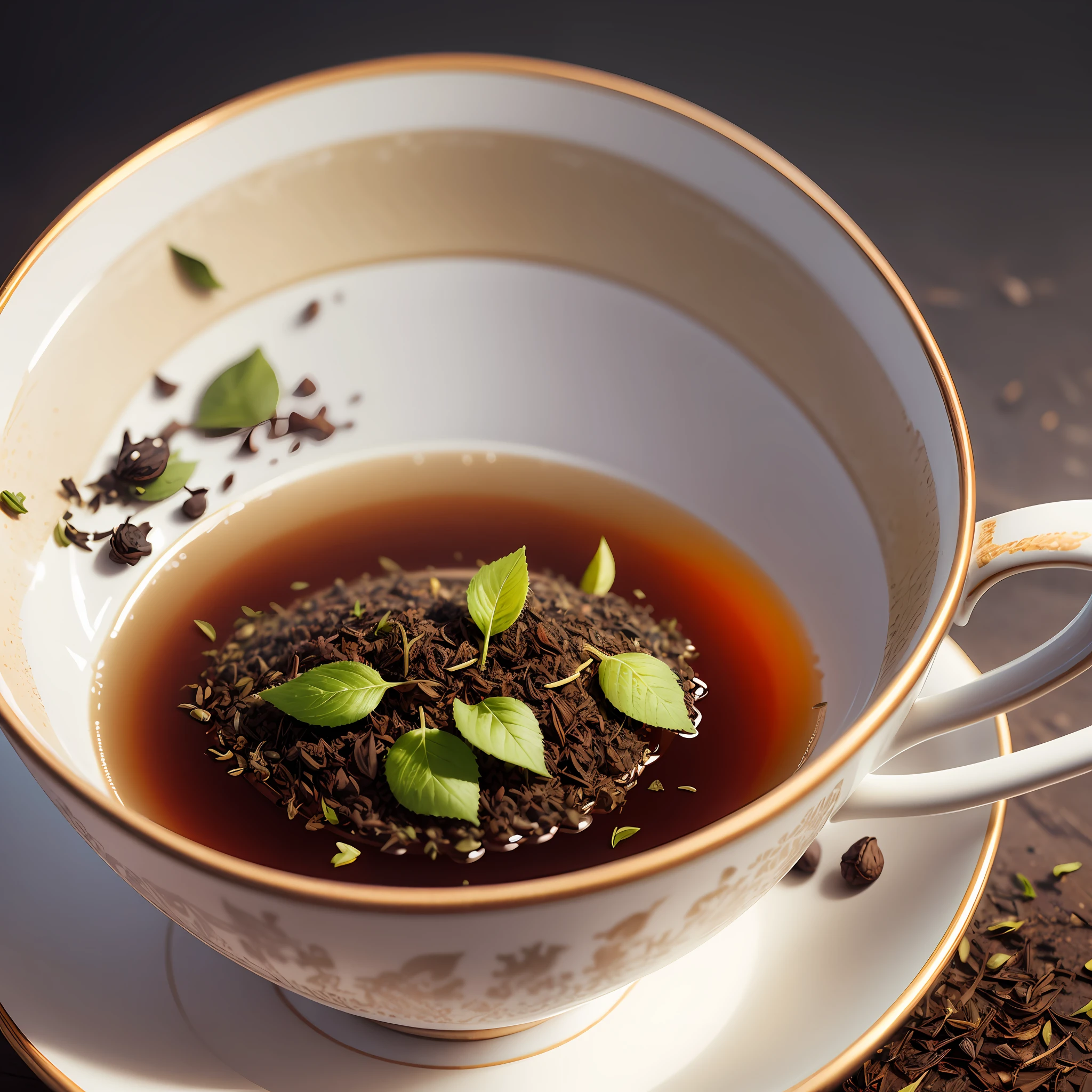 A teacup filled with tea leaves，and brewed tea，The picture is pure，hyperrealism photography，Commercial Photography，light and shadow，True and ultra-clear，Light colors，Advanced light and shadow --auto --s2