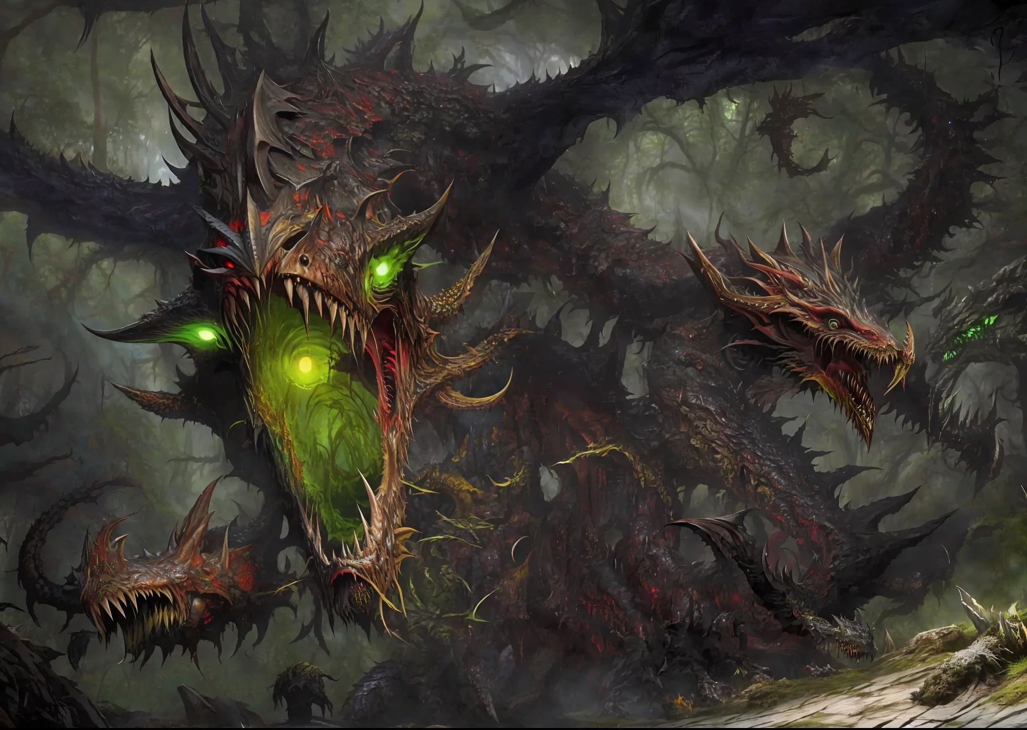 demonic creature with glowing eyes and sharp claws in a forest, eldritch abomination, gaping maw, warhammer art, hyperrealistic d & d fantasy art, warhammer fantasy art, zerg hydralisk, on an epic intricate oroboros, an ominous fantasy illustration, demonic creature, the lord of pestilence, unholy abomination
