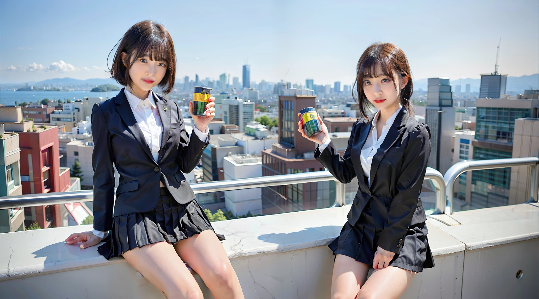 There are two people, a Japan model, and a cute. They both have cans of energy drinks in their hands. Overlooking the cityscape. Suit. Skirt. Beautiful face. Very realistic. Indistinguishable from reality. instagram