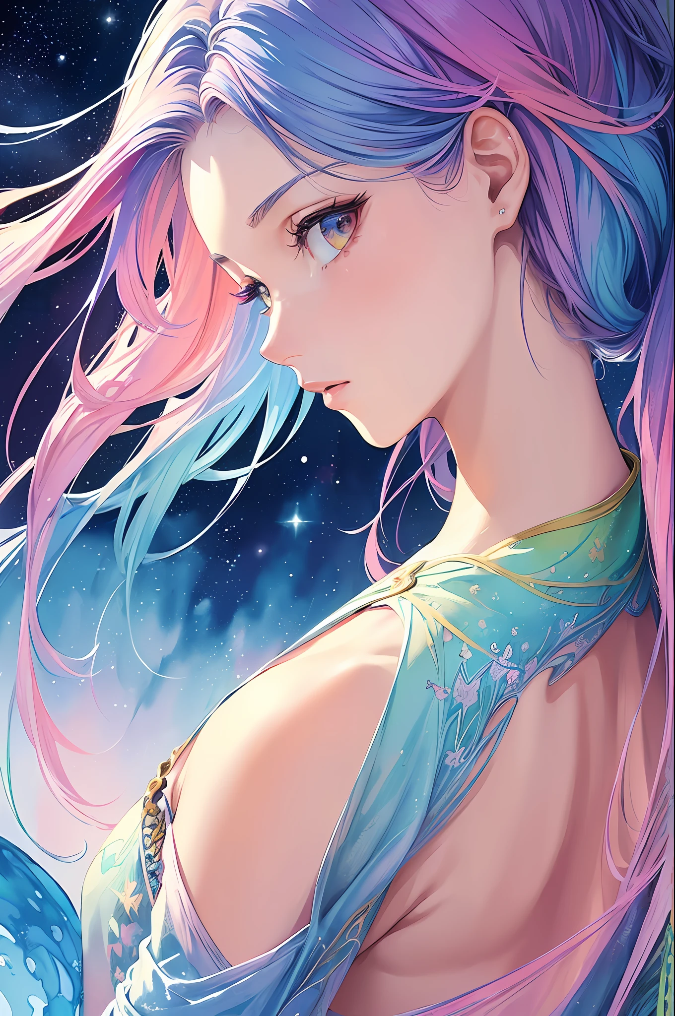 (masterpiece, top quality, best quality,watercolor (medium),official art, beautiful and aesthetic:1.2),(1girl:1.3), (fractal art:1.3),upper body, from side, looking at viewer,patterns,(rainbow color Hair,colorful hair,half blue and half pink hair:1.2),water,liquid, cloud,colorful, starry,stars,