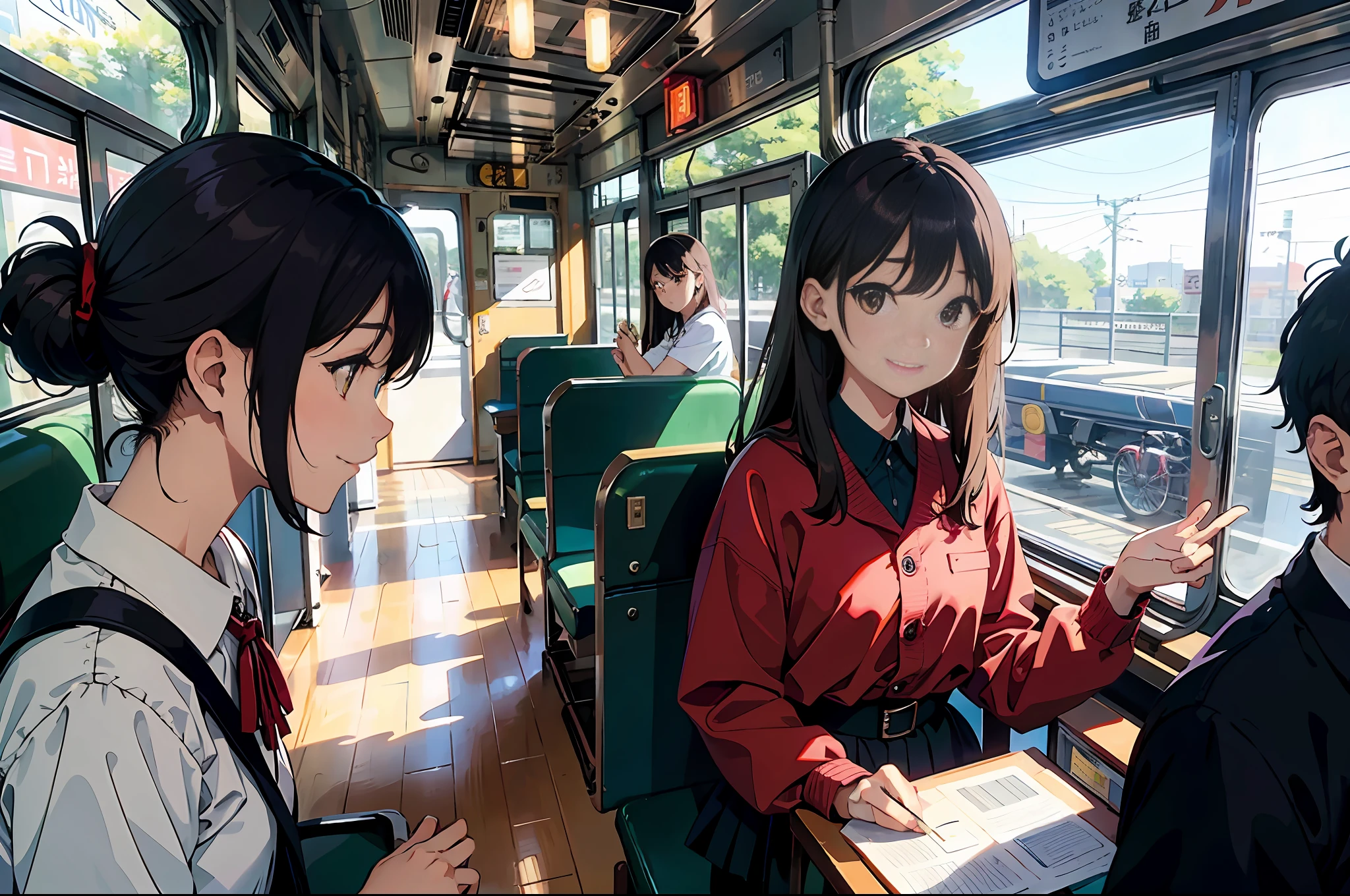(A masterpie、the highest quality:1)、Super Detailed、cinematic lighting、tram、beautiful girls、Chinchin Train、passenger car、tram、Stay、timetable、Ticket、brown Hair、Detailed face、beautiful faces、beautiful eye、From the Side、Sunlight、Slim body、Smaller bag、Beautiful smile、Beautiful girl with full body、clean detailed faces、simple clothes、glowing shadows、