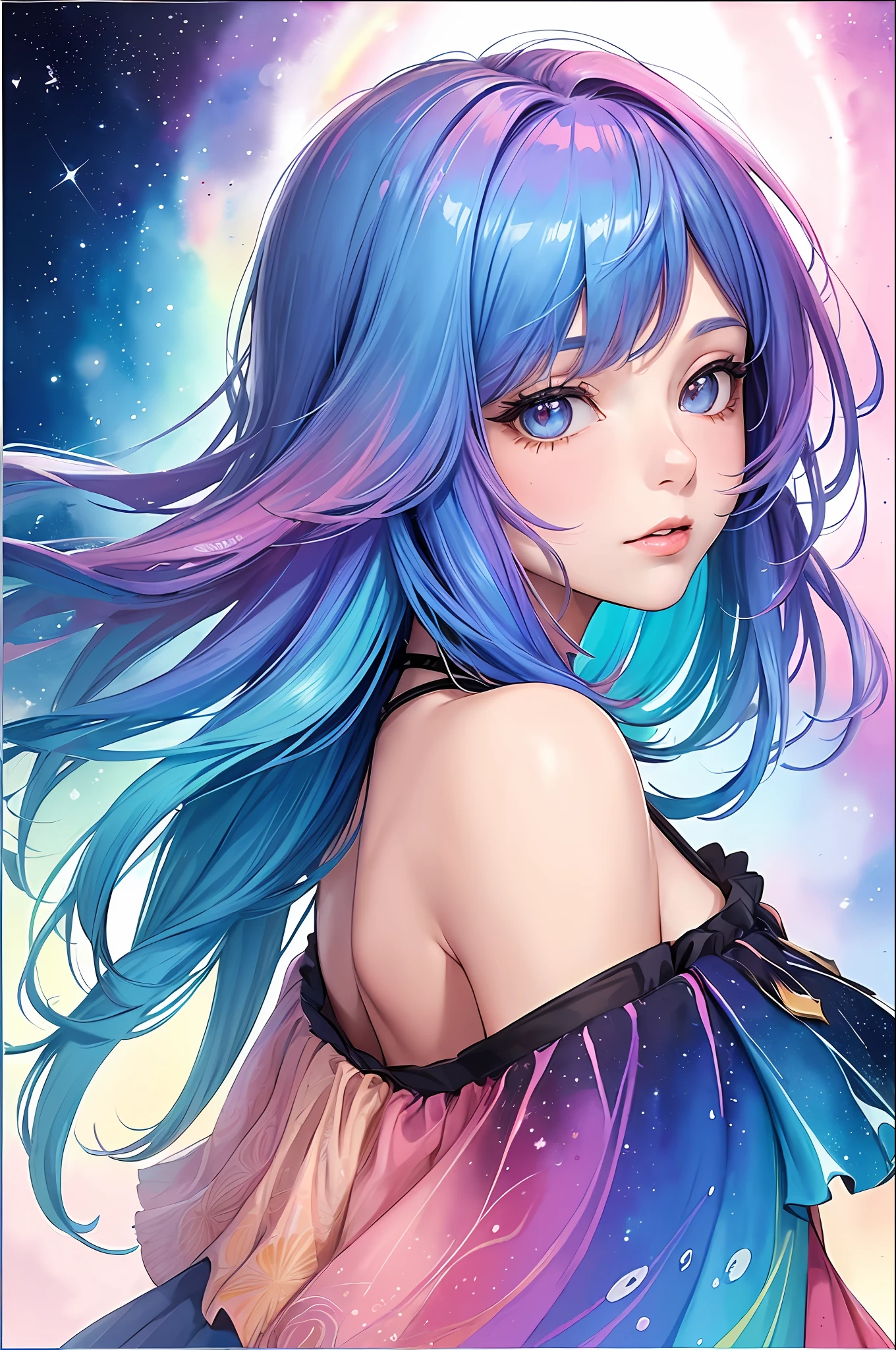 (masterpiece, top quality, best quality,watercolor (medium),official art, beautiful and aesthetic:1.2),(1girl:1.3), (fractal art:1.3),upper body, from side, looking at viewer,patterns,(rainbow color Hair,colorful hair,half blue and half pink hair:1.2),water,liquid, cloud,colorful, starry,stars,