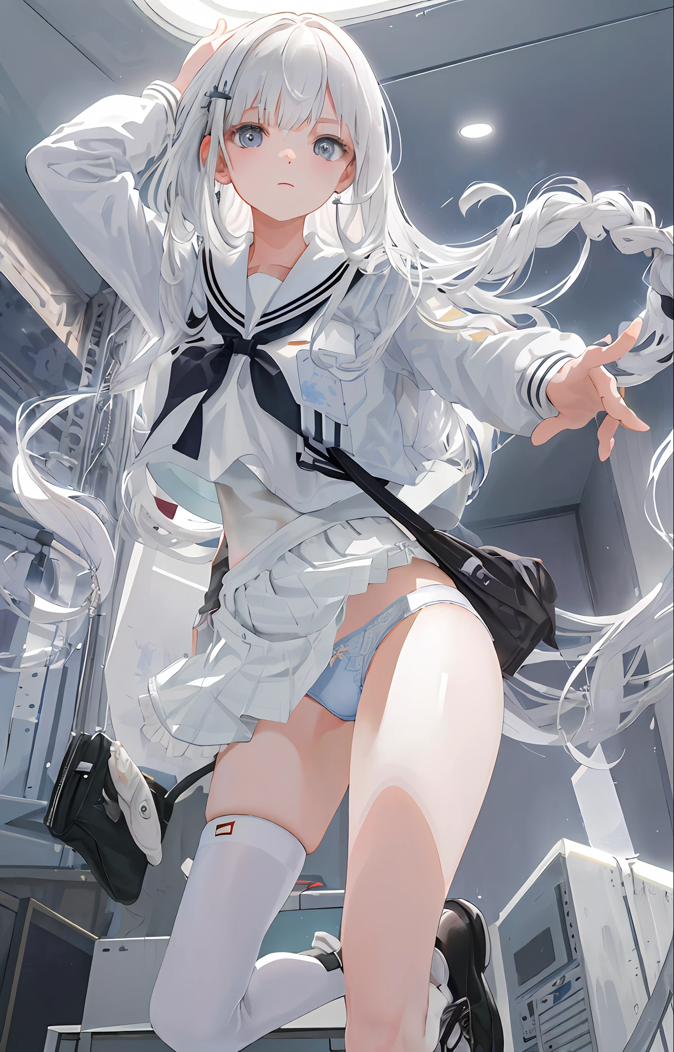 (masterpiece, best quality, highres, absurdres, detailed background, best illumination, bloom, lighting on face, beautiful eyes, shiny hair, perfect face, lustrous skin), 1girl, looking at viewer, upper body, focus on face, wide_angle, wide shot, Fashionable clothing, sing braid, hair over one eye, (hair ornament), earpiece, long hair, ((panties)), white lace, white hair, shiny hair, large_breasts, action_pose, futuristic city, ((white school uniform)), school bag, white serafuku, white shirt, spread legs, modern_furniture, bedroom, condom wrapper, white thighhighs, black school shoes, wearing shoes, ikea, from bottom,