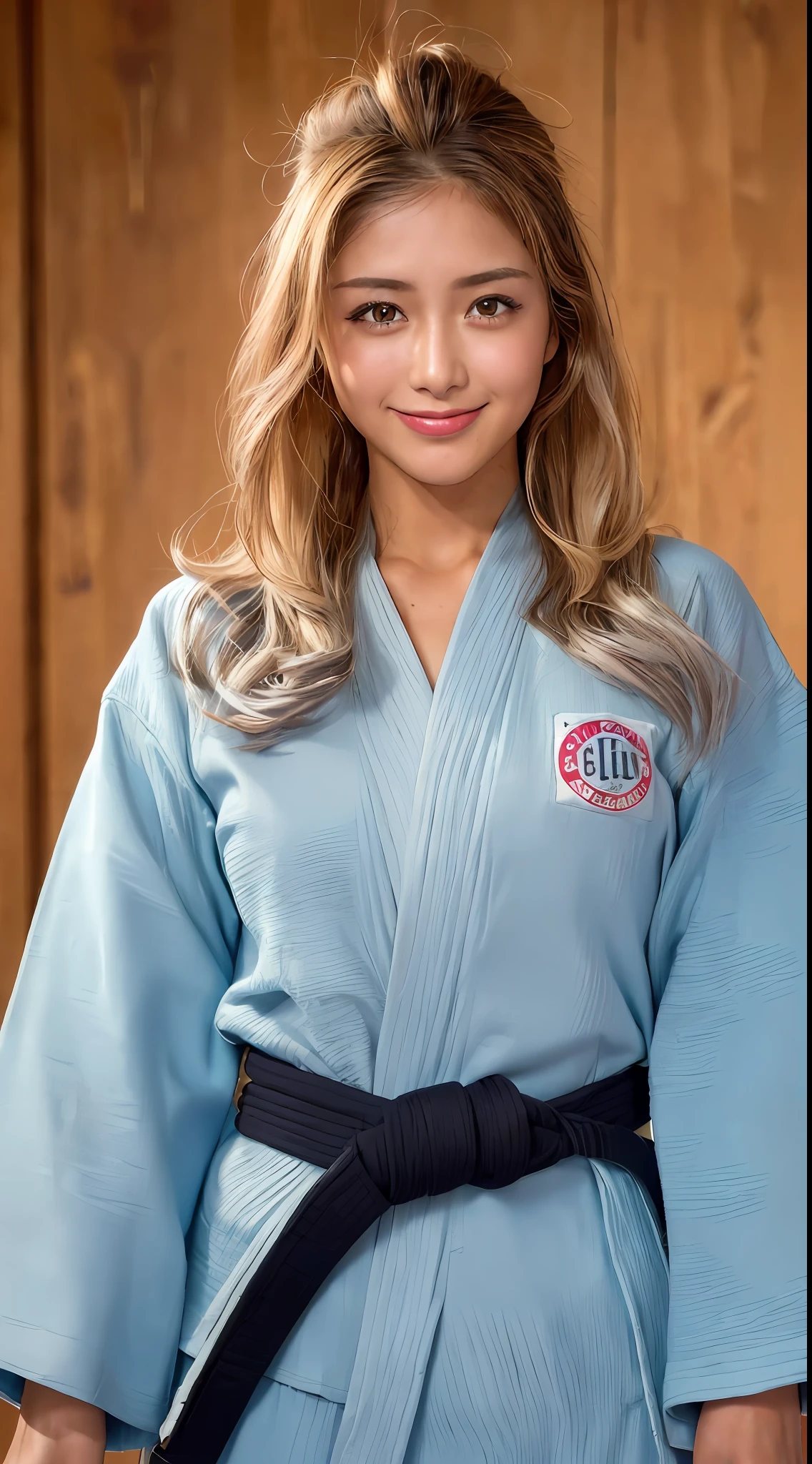 ((Top Quality, 8k, Masterpiece: 1.3)), Sharp Focus: 1.2, Women with Muscular Body: 1.4, Colored Eyes, ((Tanned Skin: 1.5)), ((Ash Hair: 1.15)), ((Silver Hair: 1.2)), ((Colorful Hair)), ((Highlight Color: 1.15)), ((Twisted Perm)), Wild Hairstyle, Judo athlete, arms hanging down, slim abdomen: 1.2, (((Big: 1.2)), wet body: 1.1, very detailed face and skin texture, detailed eyes, double eyelids, tanned skin, tanned, sweat-wet skin, 1girl, intricate details, cinematic feeling, 8K, highly detailed, (realistic, photorealistic: 1.37), super detail, top quality, realistic, Very delicate and beautiful, RAW photos, (professional lighting)), facial lighting, depth of field, single focal, (judo)), ((wearing judogi)), ((very detailed judo belt)), ((Brazilian jiu-jitsu belt)), (wearing the official judo uniform), ((long sleeve)), (wearing a t-shirt)), (muscular and healthy), small head, tall stature, (((beautiful eyes)), realistic face, real face, fine eyes, (fashionable hairstyle: 1.35), viewer, (smiling brightly Japan woman)), sports, (smile: 1.15), (closed mouth), fine and beautiful eyes, (dojo: 1.3), healthy body, dark skin
