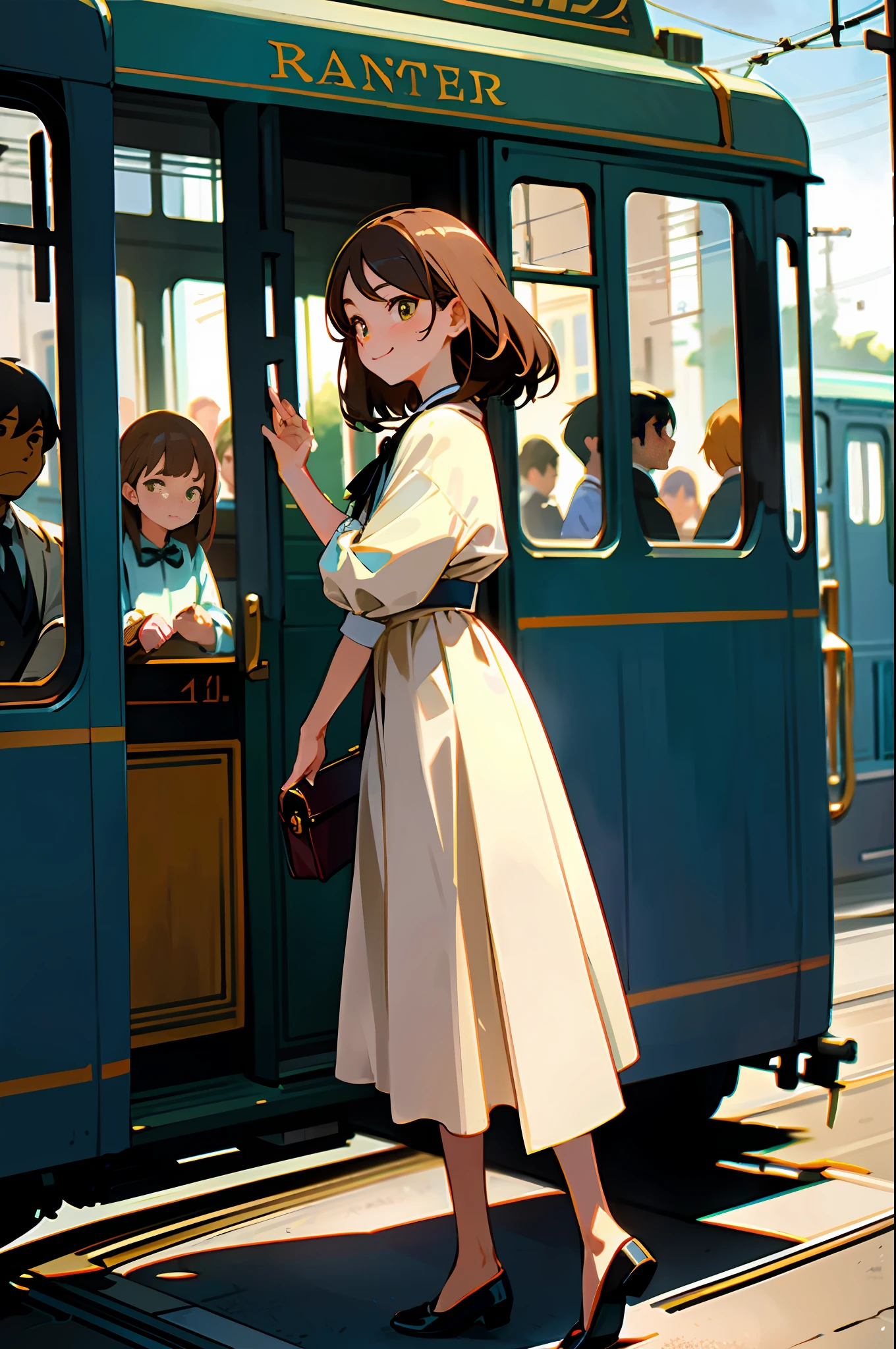 (A masterpie、the highest quality:1)、Super Detailed、cinematic lighting、tram、beautiful girls、Chinchin Train、passenger car、tram、Stay、timetable、Ticket、brown Hair、Detailed face、beautiful faces、beautiful eye、From the Side、Sunlight、Slim body、Smaller bag、Beautiful smile、Beautiful girl with full body、clean detailed faces、simple clothes、glowing shadows、