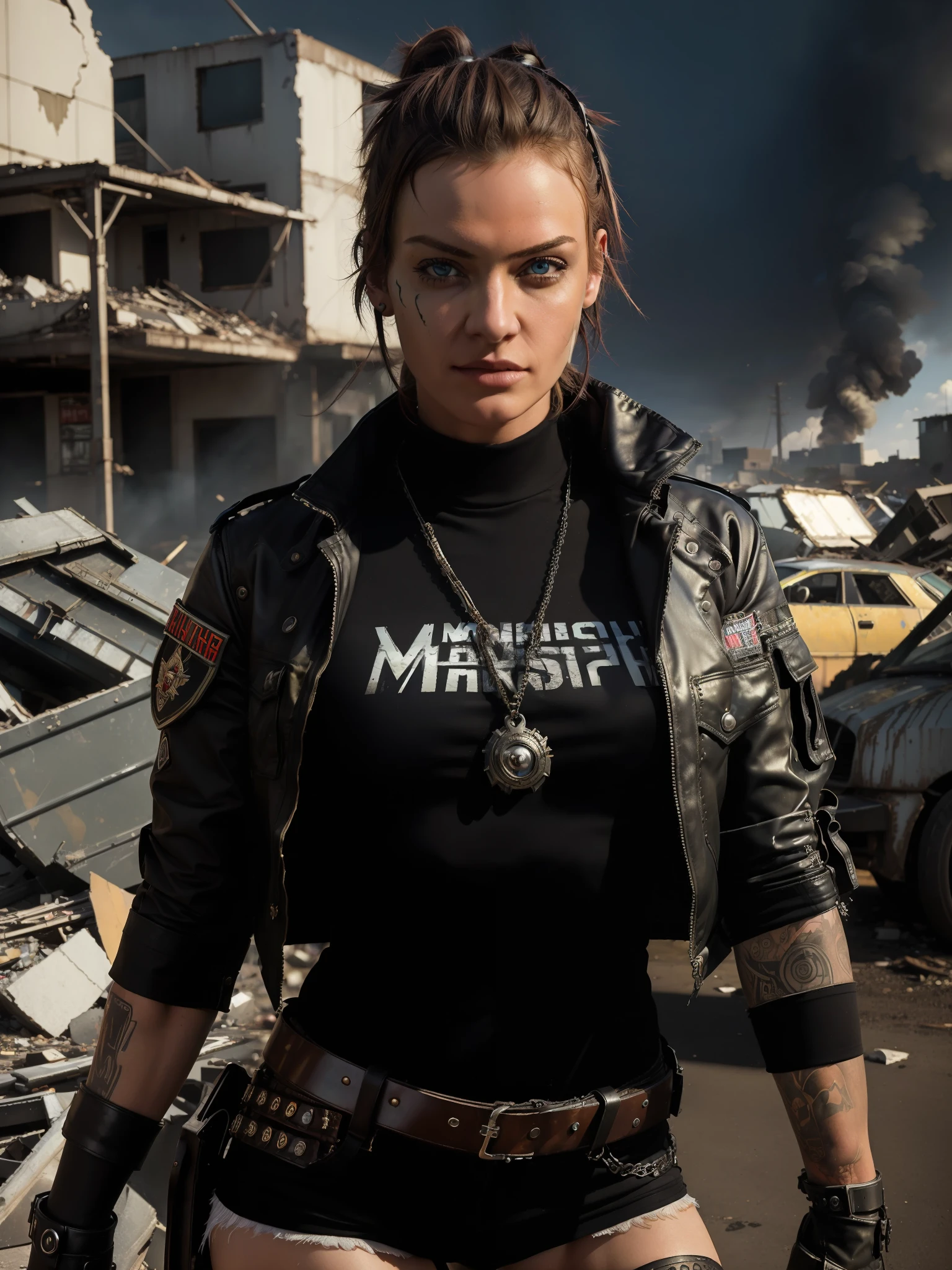 (Masterpiece, best quality:1.4), photorealistic, punk, 1 girl, incredible details, paramilitary clothing, looks at the viewer, symmetrical eyes, perfect eyes, smirk,garbage city, destroyed city, destroyed city, girl digging through scrap metal, junkyard, cinematic lighting