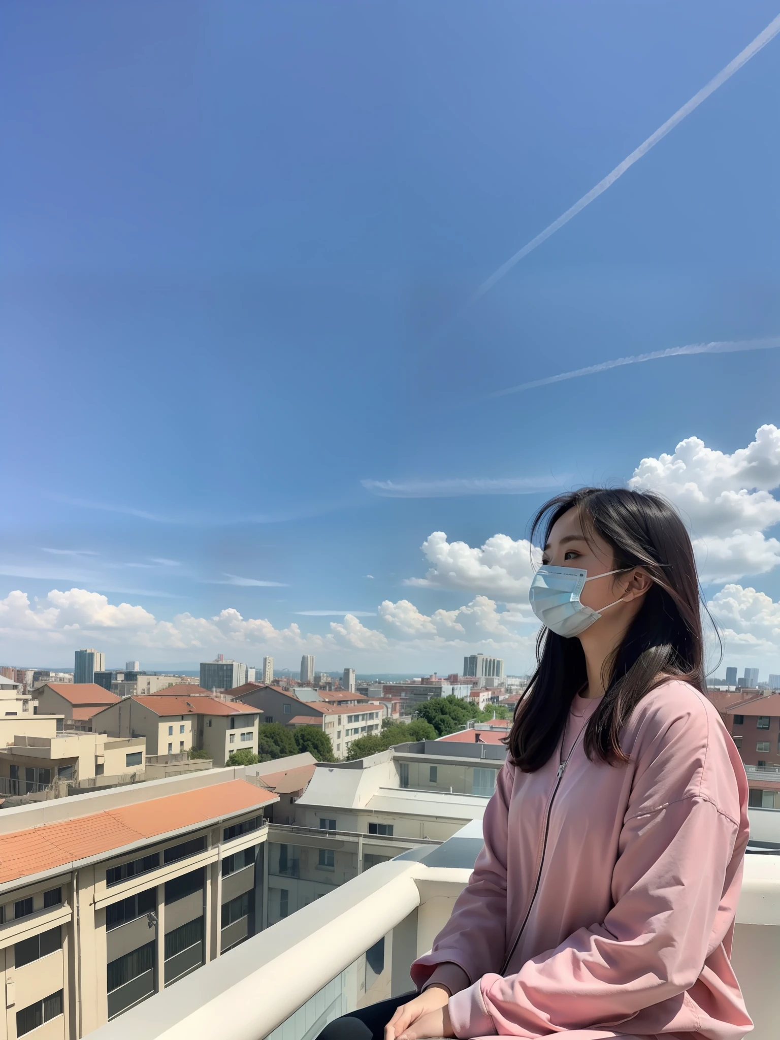 there is a woman sitting on a balcony looking at view, panoramic view of girl, on rooftop, on a sunny day, on a bright day, on a cloudy day, in a rooftop, lofi girl aesthetic, with vibrant sky, lofi girl, with a figure in the background, amidst nature, an aesthetic!, photo on iphone, which  Surgical mask