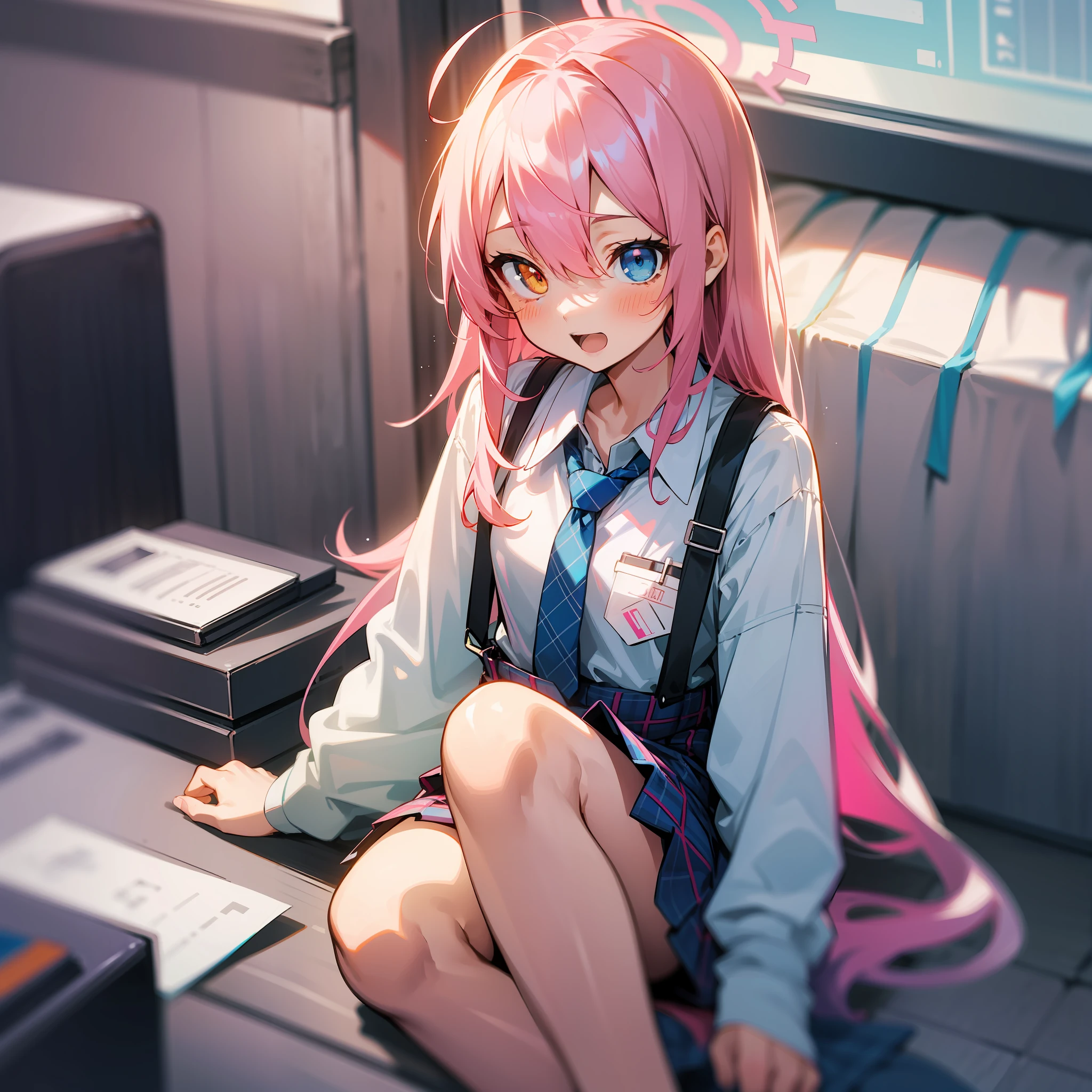 Hoshino (Blue Archive), solo, heterochromia, pink hair, skirt, long hair, tie, ahoge, shirt, halo, plaid skirt, blue eyes, plaid , looking at the audience, white shirt, sitting, orange eyes, chest strap, suspenders, long sleeves, ID card, open mouth, very long hair, collared shirt, smile, blue tie, bangs, feet out of the frame, between legs, hands between legs, blush, hair between eyes, high resolution, masterpiece, best quality, young girl, , flat chest, Flat-chested, flat-chested