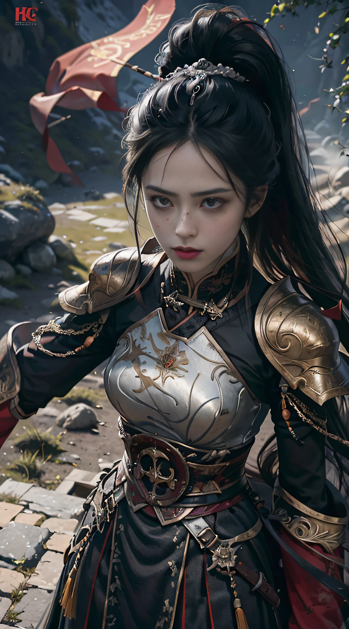 (Positive Focus), (In the Dark: 1), (Best Quality), Movie Poster, Highly Detailed, 8k Wallpaper, Volume Lighting, Dynamic Lighting, A Girl, Long Black Hair, Ponytail, Black Metal Armor, Red Belt, Black Armor, Shoulder Armor, Waist Guard, Hand Guard, Veil, Holding a Long Sword in front of Body, Ancient Chinese Style, Battle Stance, Lots of Blood, Blood Stains on Face, Clothes Damaged, Ancient Chinese Battlefield, Ancient Chinese Soldiers, Arrows Flying, War, Night, Dramatic Composition, Sword qi surrounding, rich picture detail, war, movie lighting,