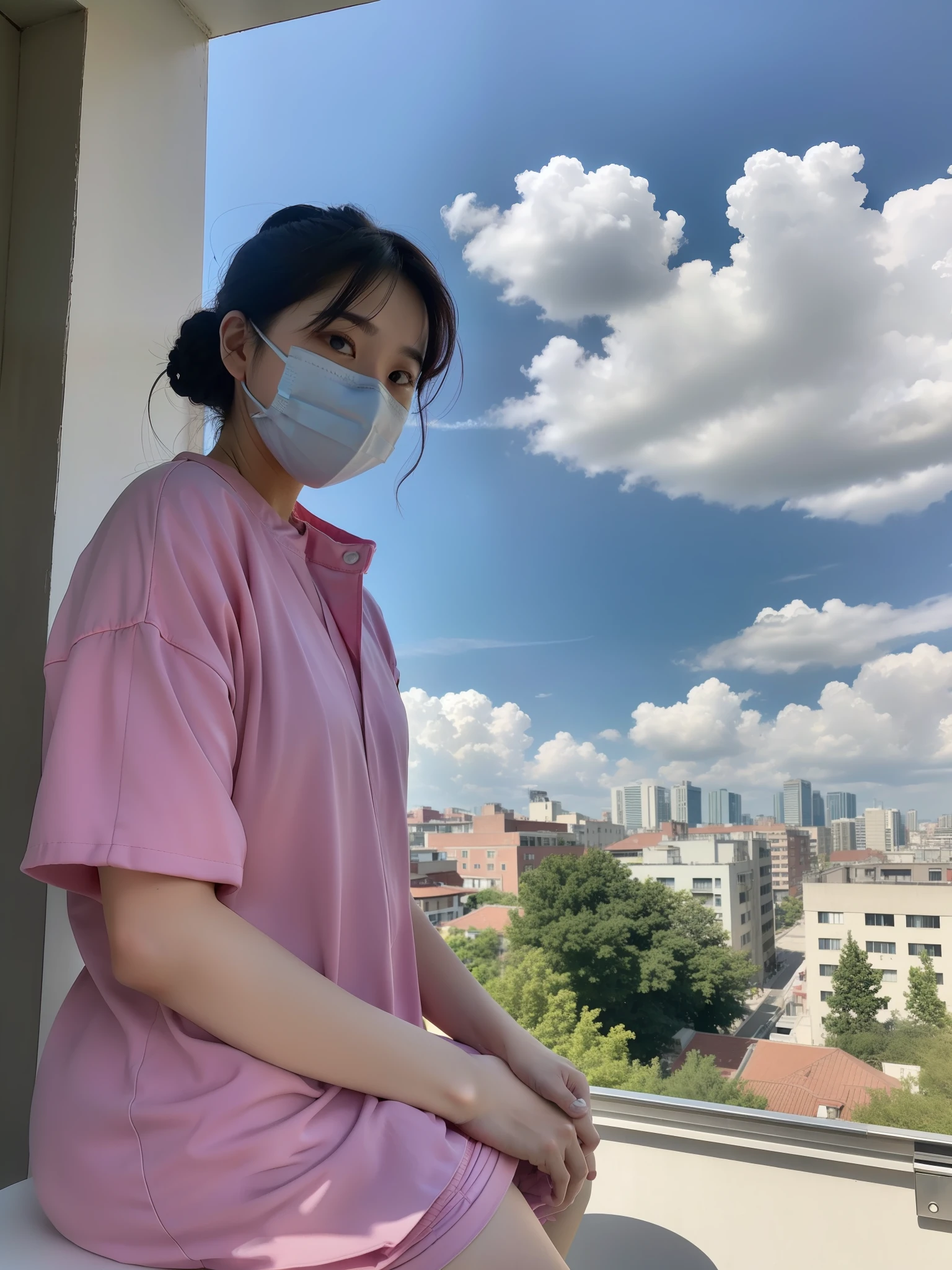 there is a woman sitting on a balcony looking at view, panoramic view of girl, on rooftop, on a sunny day, on a bright day, on a cloudy day, in a rooftop, lofi girl aesthetic, with vibrant sky, lofi girl, with a figure in the background, amidst nature, an aesthetic!, photo on iphone, which  Surgical mask