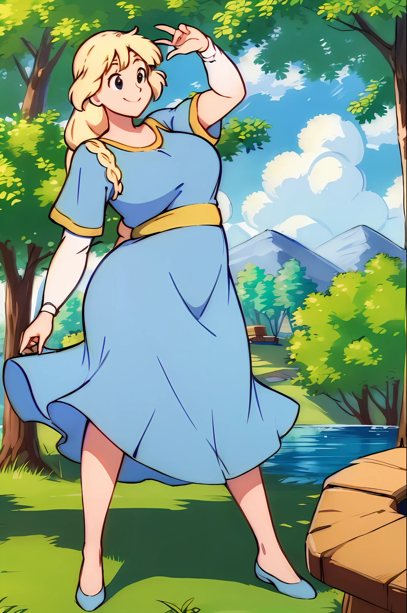 (masterpiece:1.4), (best qualit:1.4), (high resolution:1.4), princess calla, blue dress, white long sleves, single braid, outdoos, forest, smile, looking at viewer,, venus body, huge breast, curvy, mature, long skirt