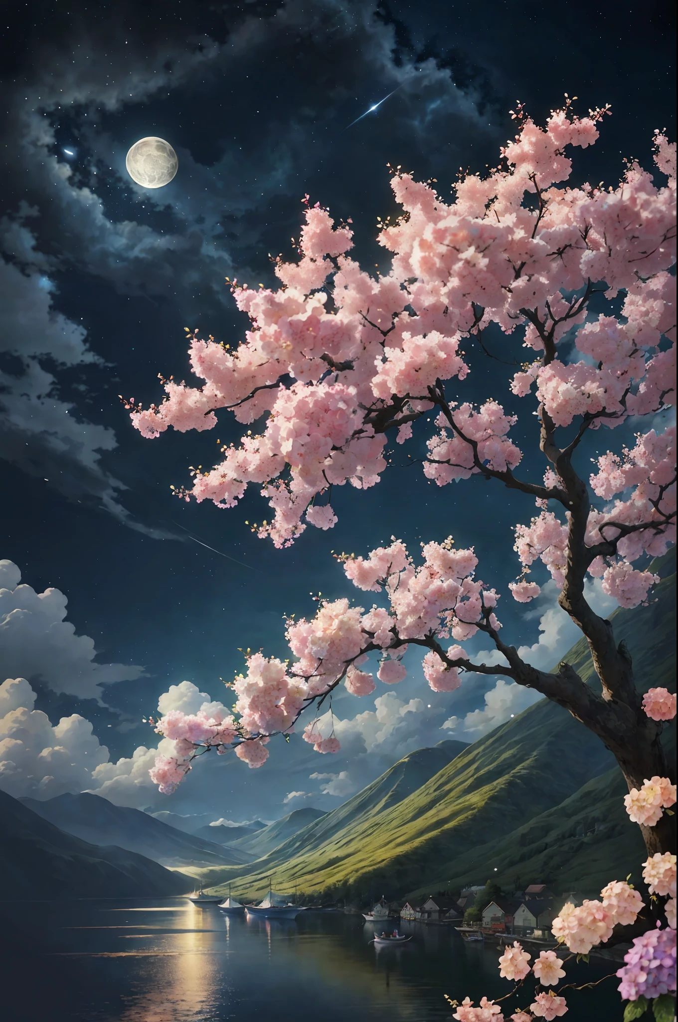 paint (strokes)+, atmosphere, intricate, clouds, aspect ratio 1:1, raytracing, Bokeh, smooth, (colorful), (detailed complex busy background: 0.8), hydrangea, repair drones, (night:1.4), Sharp Eyeliner, intricate details, hand on Chinese sword, beautiful, flat illustration, scenery, detail love, (ultra-detailed), day, photon mapping, ((intricate details)), ship wake, (The Peach Tree), crowd,