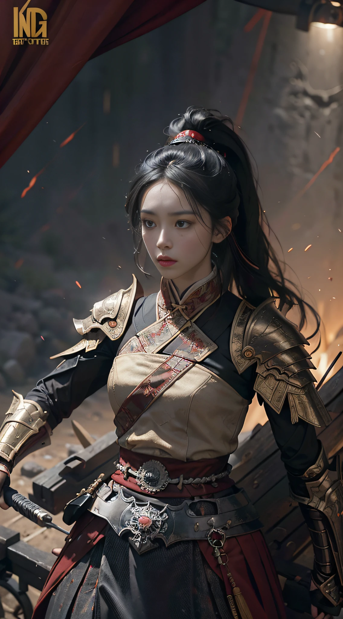 (Positive Focus), (In the Dark: 1), (Best Quality), Movie Poster, Highly Detailed, 8k Wallpaper, Volume Lighting, Dynamic Lighting, A Girl, Long Black Hair, Ponytail, Black Metal Armor, Red Belt, Black Armor, Shoulder Armor, Waist Guard, Hand Guard, Veil, Holding a Long Sword in front of Body, Ancient Chinese Style, Battle Stance, Lots of Blood, Blood Stains on Face, Clothes Damaged, Ancient Chinese Battlefield, Ancient Chinese Soldiers, Arrows Flying, War, Night, Dramatic Composition, Sword qi surrounding, rich picture detail, war, movie lighting,