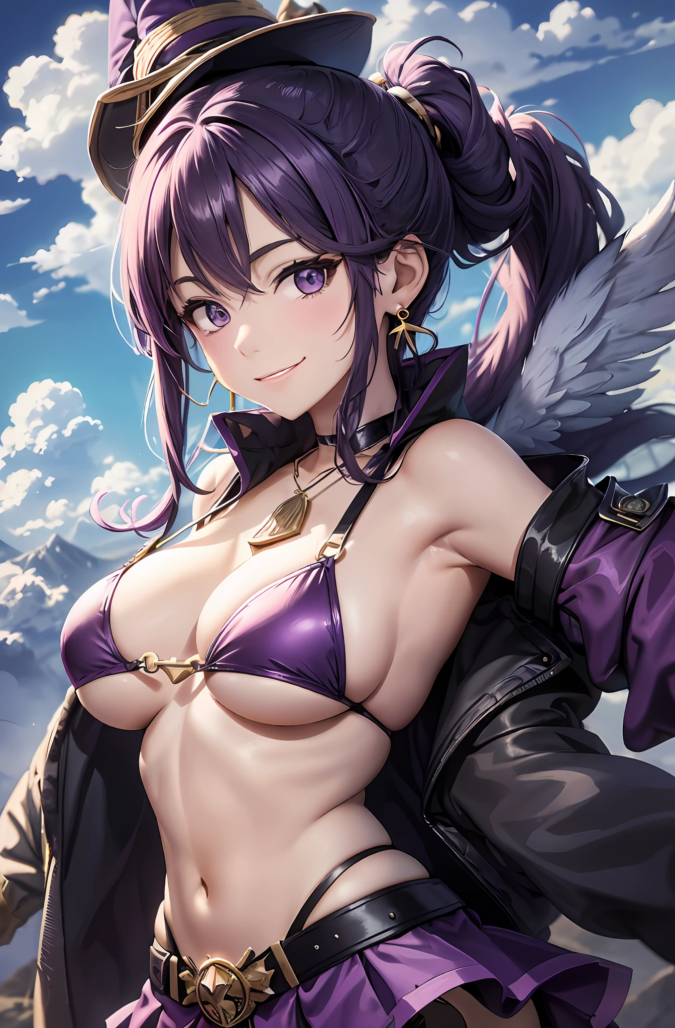 Ponytail. Longhair. Smiling expression, bikini, purple hair. Big tits. Miniskirt. Earring. Real. On the mountain. Clouds around. Angel wings on the back. Fly freely above the clouds. Magic broom. Wizard. Wizard Tongari hat.