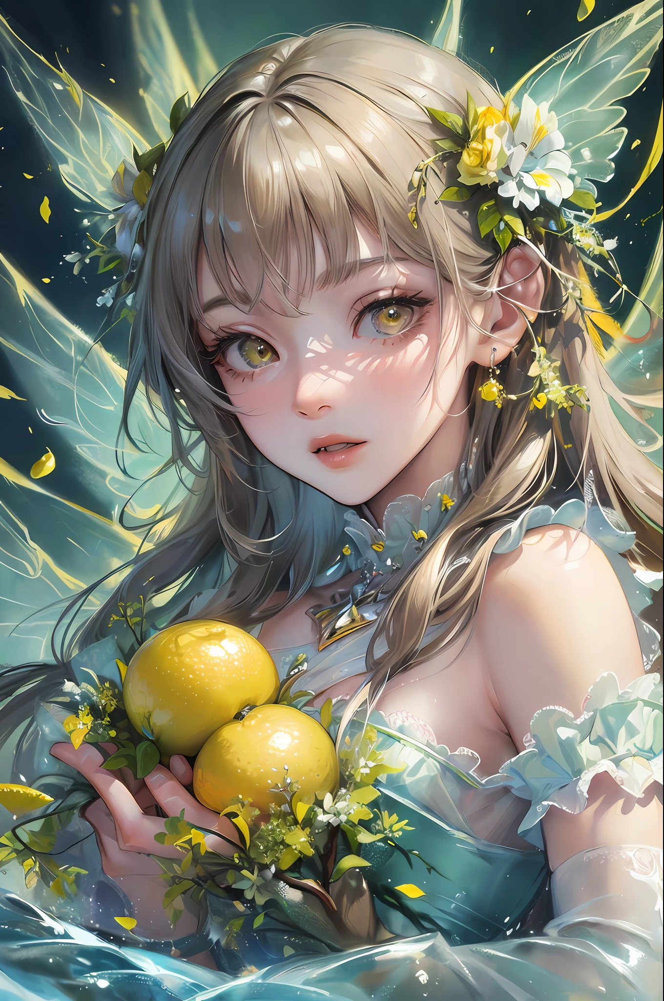 ( Absurd, High quality, ultra-detailed, masterpiece, concept art, smooth, highly detailed artwork, hyper-realistic painting ) , girl, lemon girl, lemons, cute, upper body, Romantic, Vivid, dreamy, fantasy, fairy wings, water, very detailed art