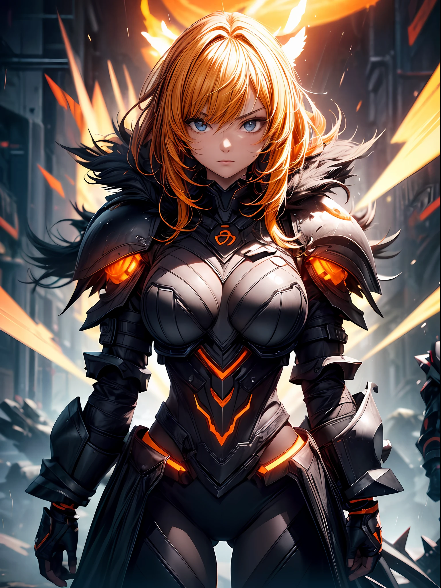 high contrast, (8K UHD:1.2), (photorealistic:1.2),(masterpiece:1.4), (best quality:1.4),extremely detailed wallpaper, highly detailed illustrations, (1 Girl), (best lighting) , (super-complex details) , 4K unified, (super-detailed CG: 1.2) , (8K: 1.2),(original), (masterpiece) , (best quality),(Masterpiece:1.4),Anime-ish high quality, (((high resolution))),Orange

1girl, (massive weapon), black armor, fur-trimmed clothing, yellow hair, armor, mechanical armor, cyborg, (glowing parts:1.2), standing, glowing, enhanced lighting, atmospheric, volumetric lighting, bi-lighting, shadow, (blurry background, blurry foreground, depth of field), dark theme, (from below), water, spark, lightning rain, colored lighting,((upper body)),((palm hand in chest))