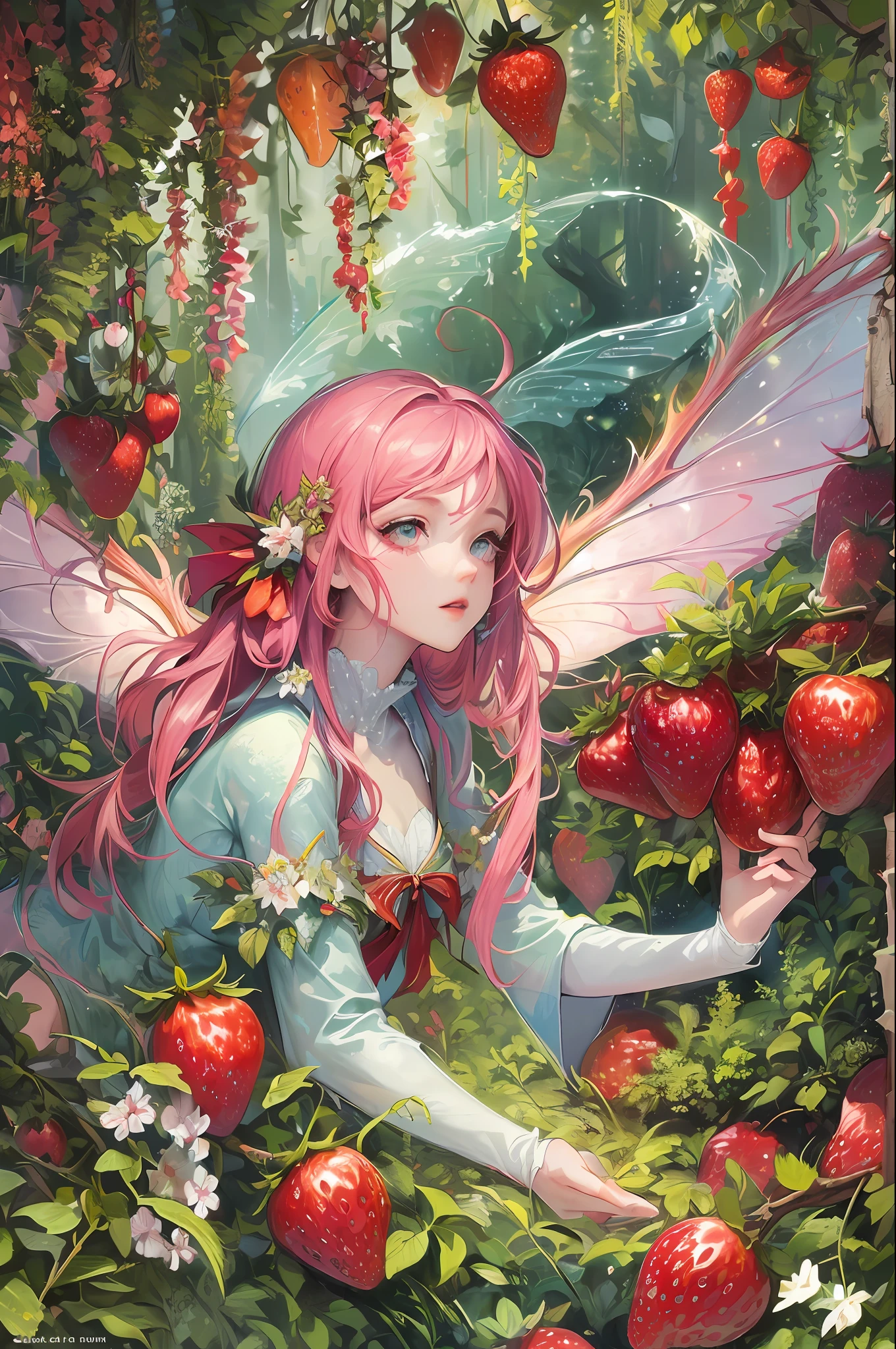 ( Absurd, High quality, ultra-detailed, masterpiece, concept art, smooth, highly detailed artwork, hyper-realistic painting ) , girl, strawberry girl, Strawberries, cute, upper body, Romantic, Vivid, dreamy, fantasy, fairy wings, in the forest, enchanting glow, very detailed art