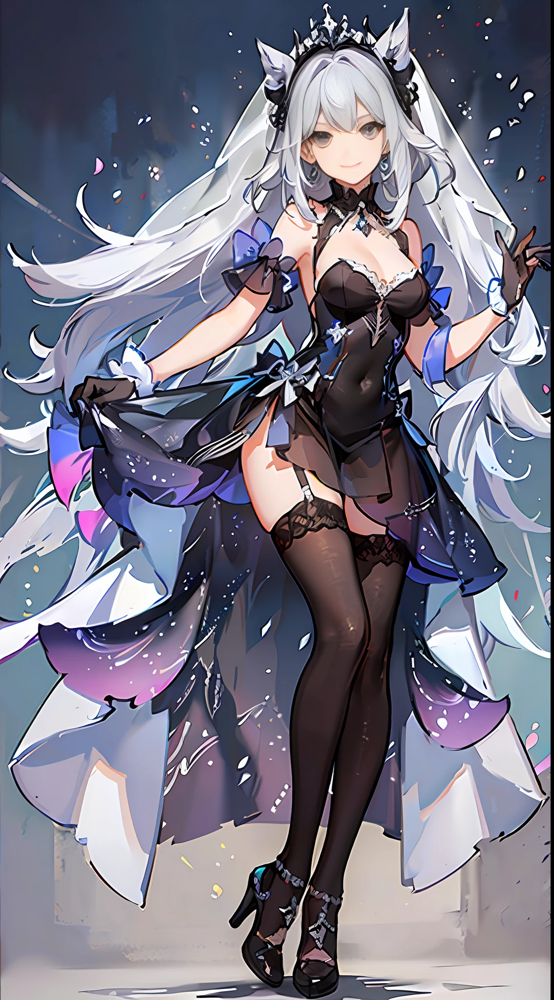 "Full body photo, two-dimensional painting style of meticulous smoky makeup girl, coiled hair, hair accessories, earrings. Her eyeshadow is shining, and she has a sweet smile on the corners of her mouth. Wearing a wedding dress, veil, gloves and suspender white stockings, silver high heels on her feet. She squats with her legs open, random scenes. "