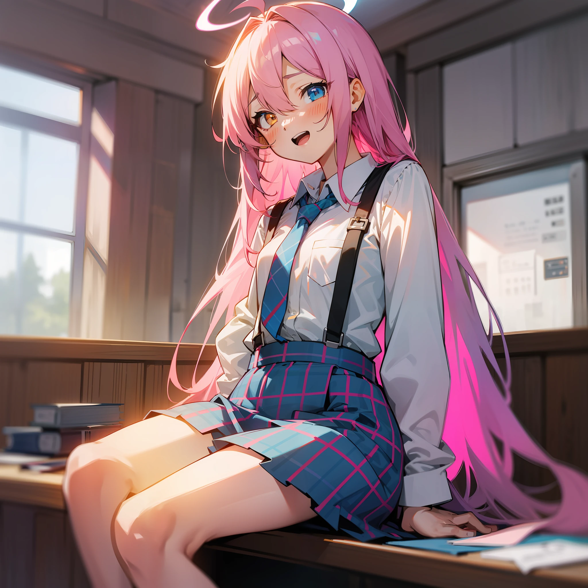 Hoshino (Blue Archive), solo, heterochromia, pink hair, skirt, long hair, tie, ahoge, shirt, halo, plaid skirt, blue eyes, plaid , looking at the audience, white shirt, sitting, orange eyes, chest strap, suspenders, long sleeves, ID card, open mouth, very long hair, collared shirt, smile, blue tie, bangs, feet out of the frame, between legs, hands between legs, blush, hair between eyes, high resolution, masterpiece, best quality, young girl, , flat chest, Flat-chested, flat-chested