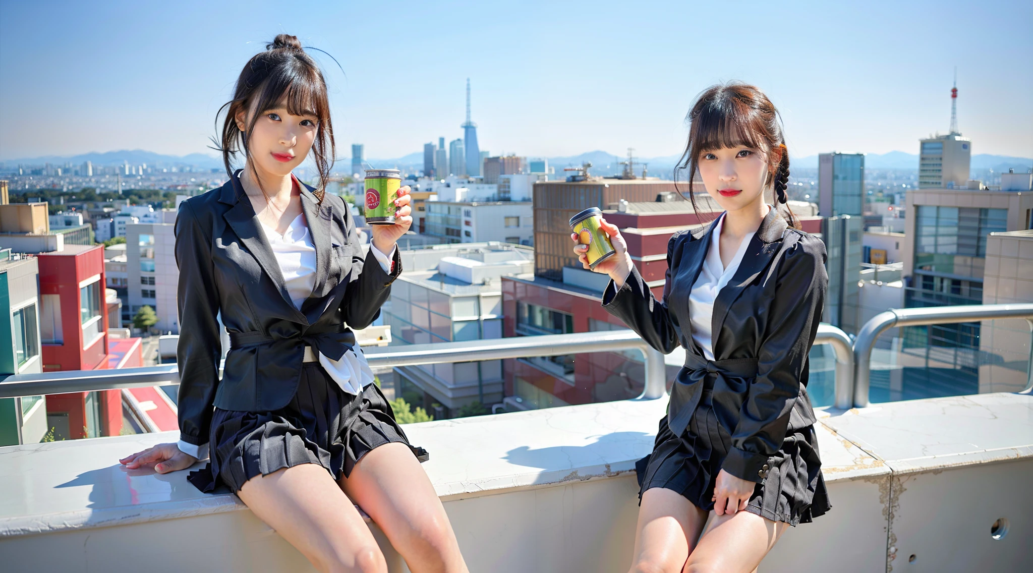 There are two people, a Japan model, and a cute. They both have cans of energy drinks in their hands. Overlooking the cityscape. Suit. Skirt. Beautiful face. Very realistic. Indistinguishable from reality. instagram