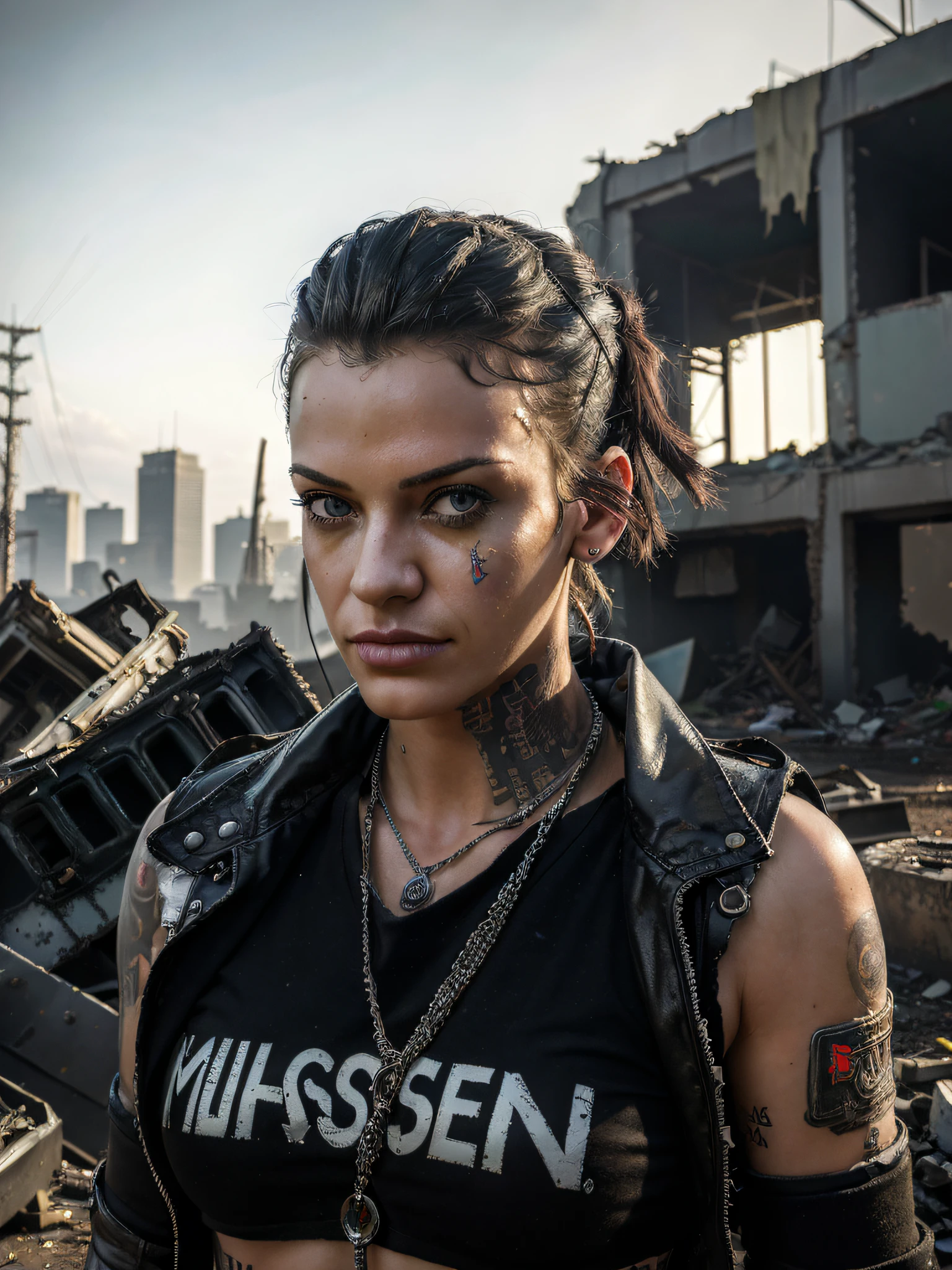 (Masterpiece, best quality:1.4), photorealistic, punk, 1 girl, incredible details, paramilitary clothing, looks at the viewer, symmetrical eyes, perfect eyes, smirk,garbage city, destroyed city, destroyed city, girl digging through scrap metal, junkyard, cinematic lighting