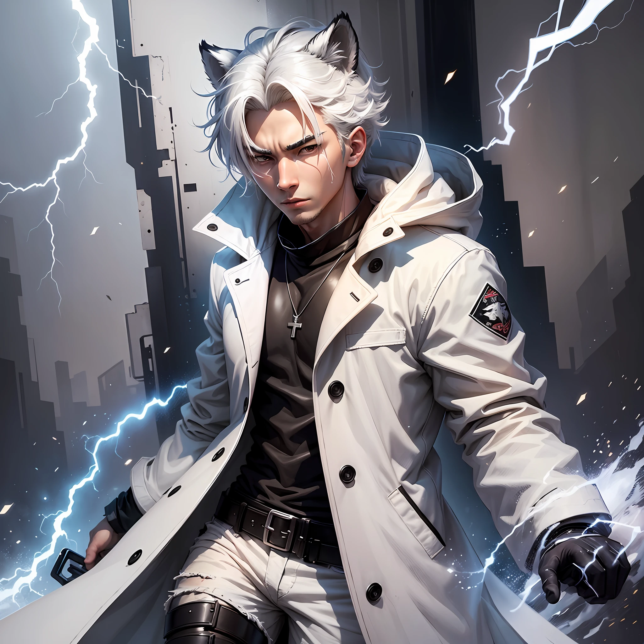 A young man in a white coat and hiding in the shadows, behind him there must be a white tiger with thunder and lightning, cartoon style --auto --s2