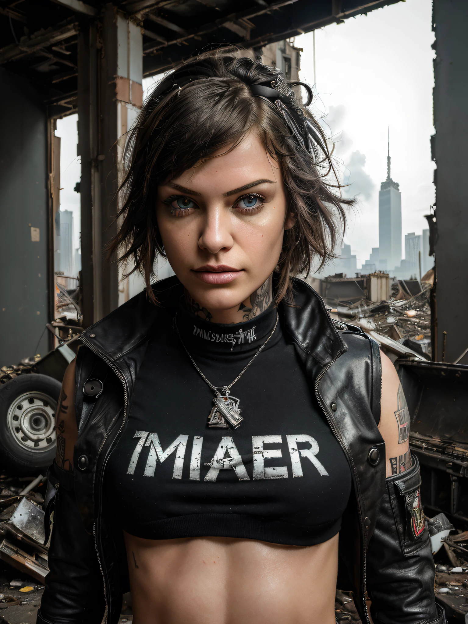 (Masterpiece, best quality:1.4), photorealistic, punk, 1 girl, incredible details, paramilitary clothing, looks at the viewer, symmetrical eyes, perfect eyes, smirk,garbage city, destroyed city, destroyed city, girl digging through scrap metal, junkyard, cinematic lighting