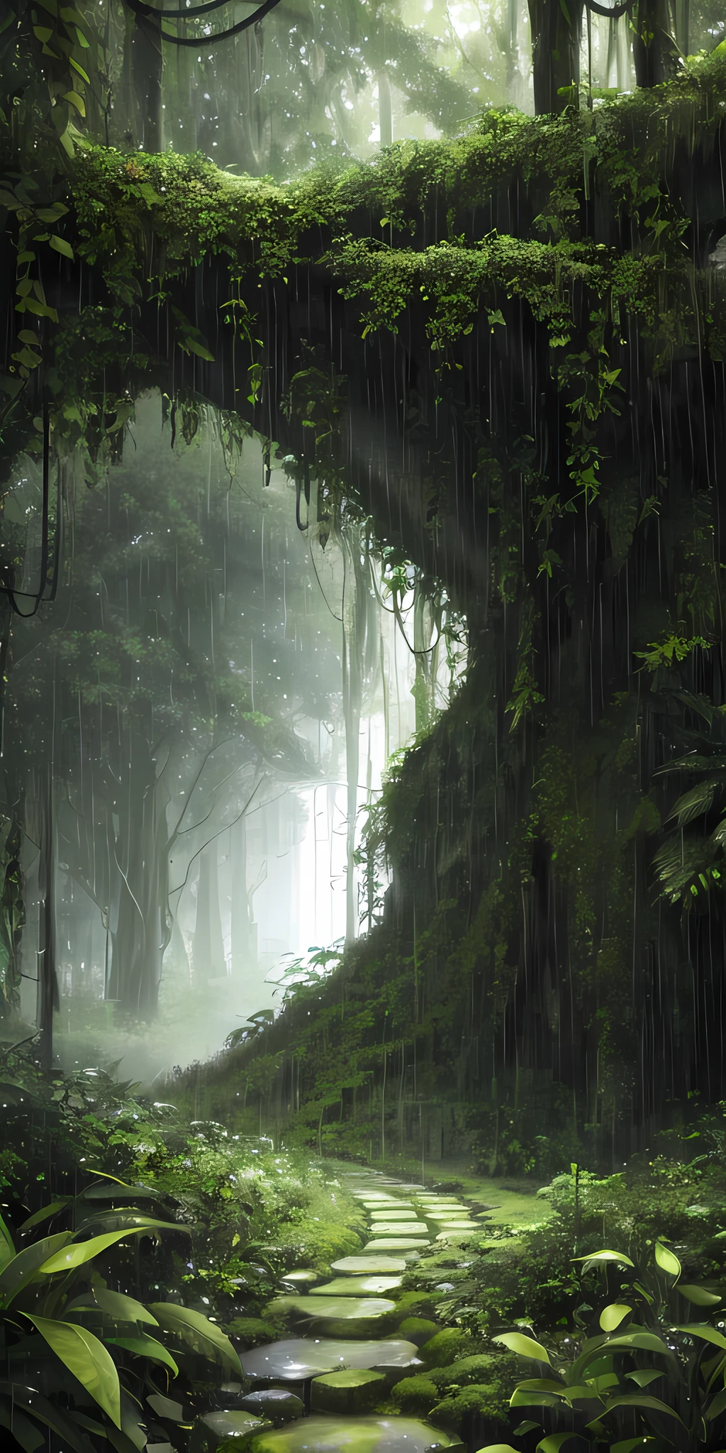 A jungle, with intense rainfall, monochromatic, vines all around, giant and wet trees, masterpiece, best quality, high quality, extremely detailed CG unity 8k wallpaper, oil paiting, award winning photography, Bokeh, Depth of Field, HDR, bloom, Chromatic Aberration ,Photorealistic,extremely detailed, trending on artstation, trending on CGsociety, Intricate, High Detail, dramatic, art by midjourney, volumetric lighting