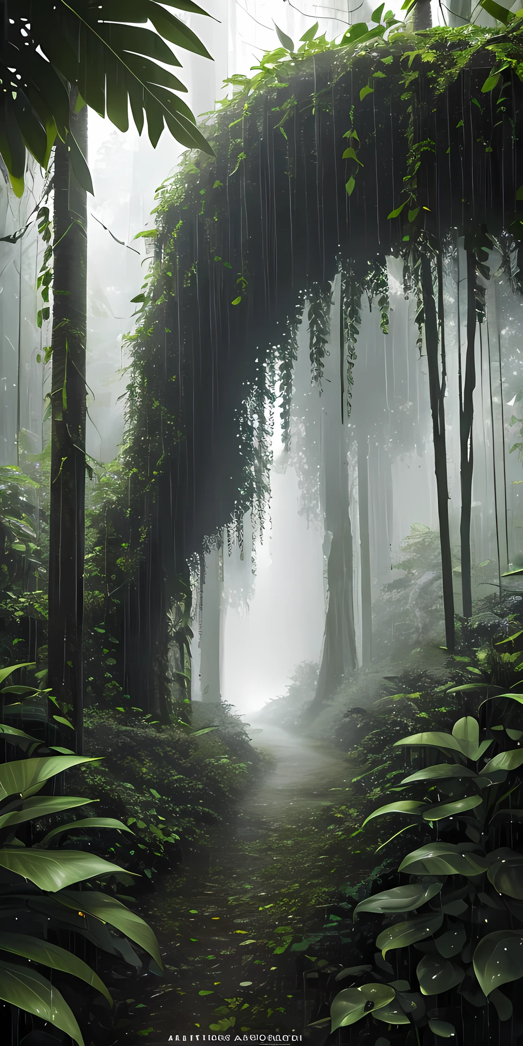 A jungle, with intense rainfall, monochromatic, vines all around, giant and wet trees, masterpiece, best quality, high quality, extremely detailed CG unity 8k wallpaper, oil paiting, award winning photography, Bokeh, Depth of Field, HDR, bloom, Chromatic Aberration ,Photorealistic,extremely detailed, trending on artstation, trending on CGsociety, Intricate, High Detail, dramatic, art by midjourney, volumetric lighting