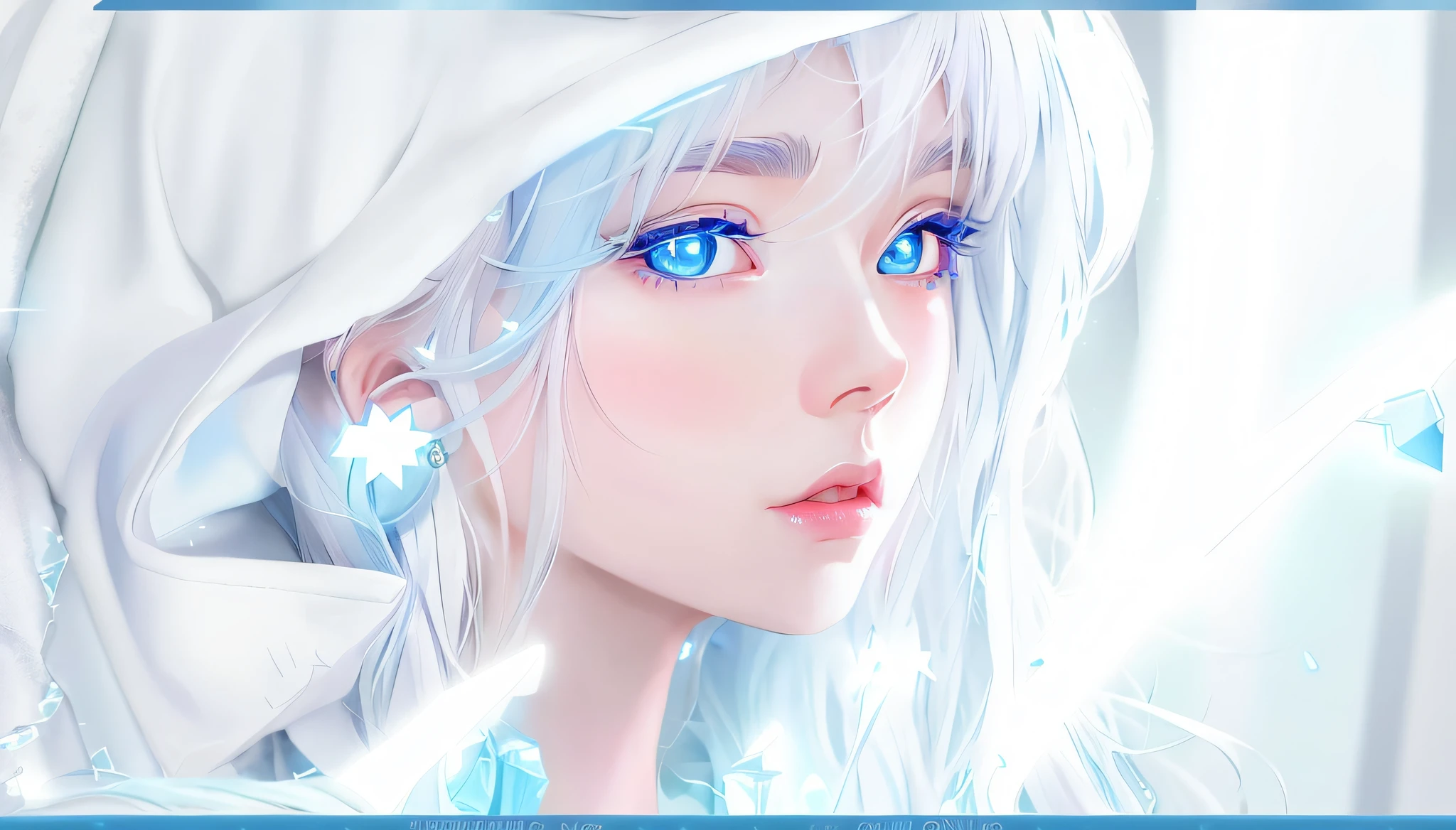 Anime girl with white hair with blue eyes and hood, glowing blue eyes, luminescent blue eyes, crystal blue eyes, bright blue eyes, pixiv digital art, realistic anime art style, glowing blue eyes, [4k digital art]!!, digital anime art, azure blue eyes, ice blue eyes, blue glowing eyes Oil painting